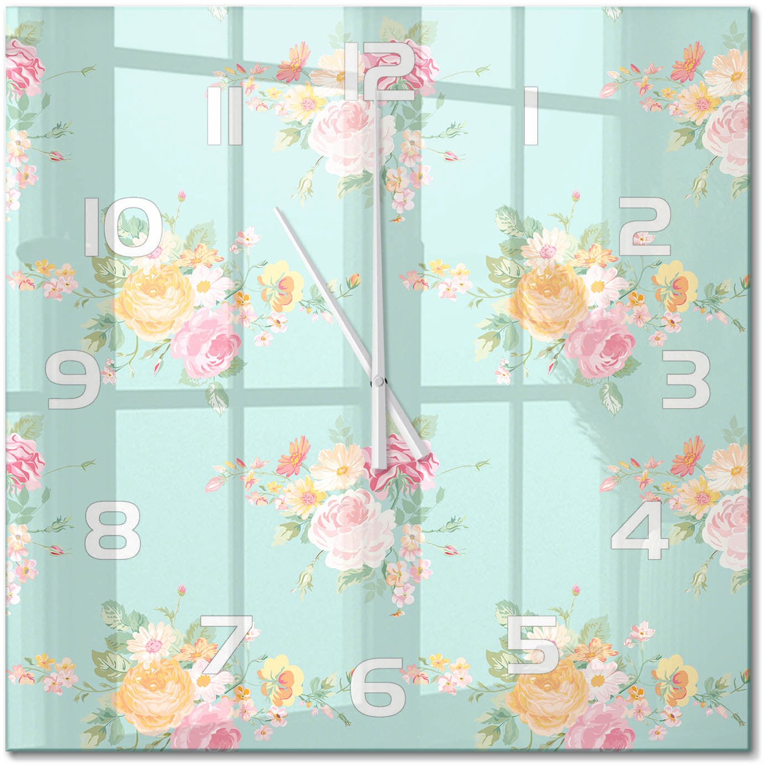TULUP Wandklok - Bloemenpatroon Wandklok Glas Decoratie - 60x60 cm - Veelkleurig Gekleurde Glazen Klok - Witte handen - Vierkante Klok - Klok Glas Met Opdruk - Moderne Wandklok Glas