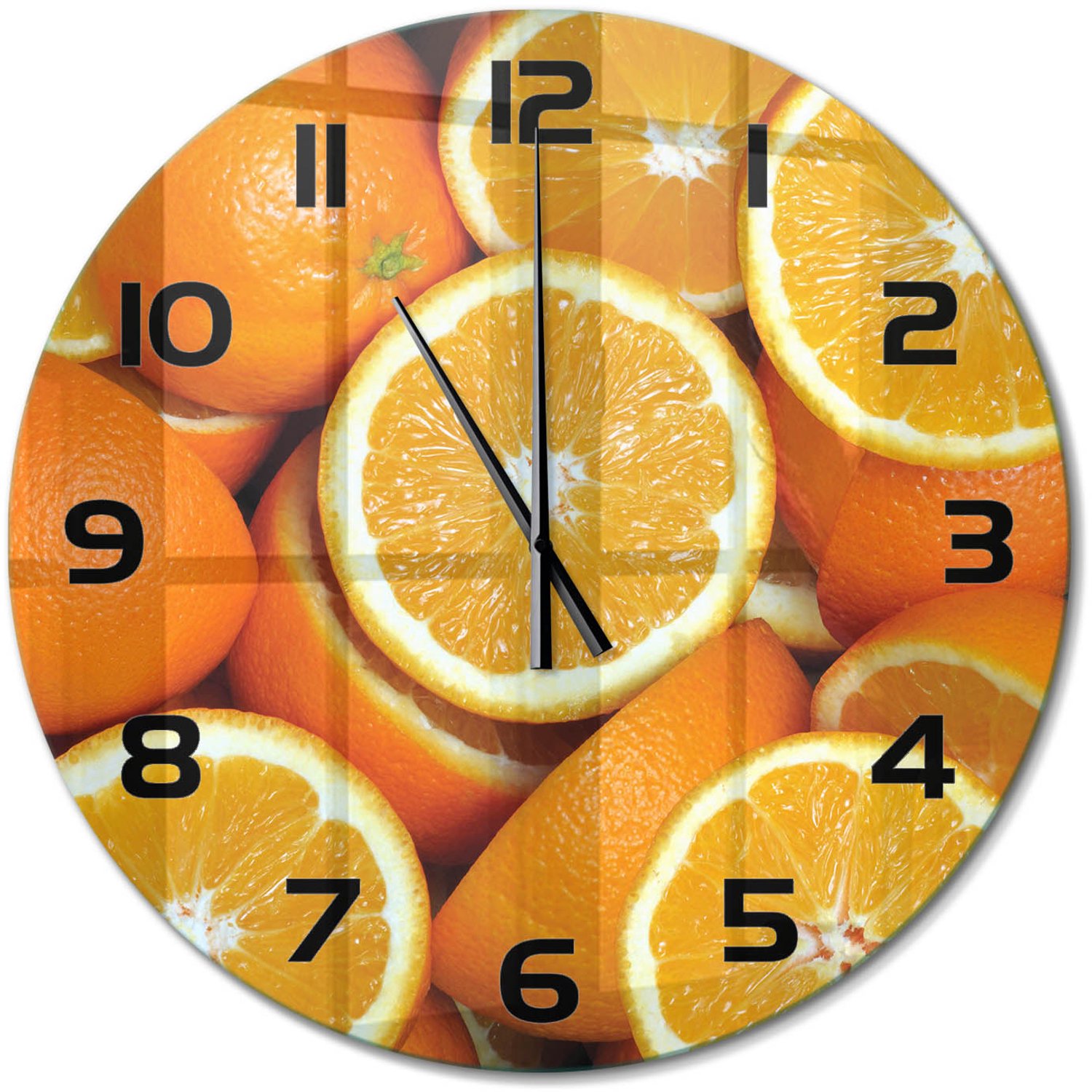 TULUP Wandklok - Sinaasappelhelften Klok Glas Met Opdruk - fi60 cm - Oranje Moderne Wandklok Glas - Zwarte handen - Ronde Klok - Decoratieve Glazen Klok - Glazen Wandklok Design