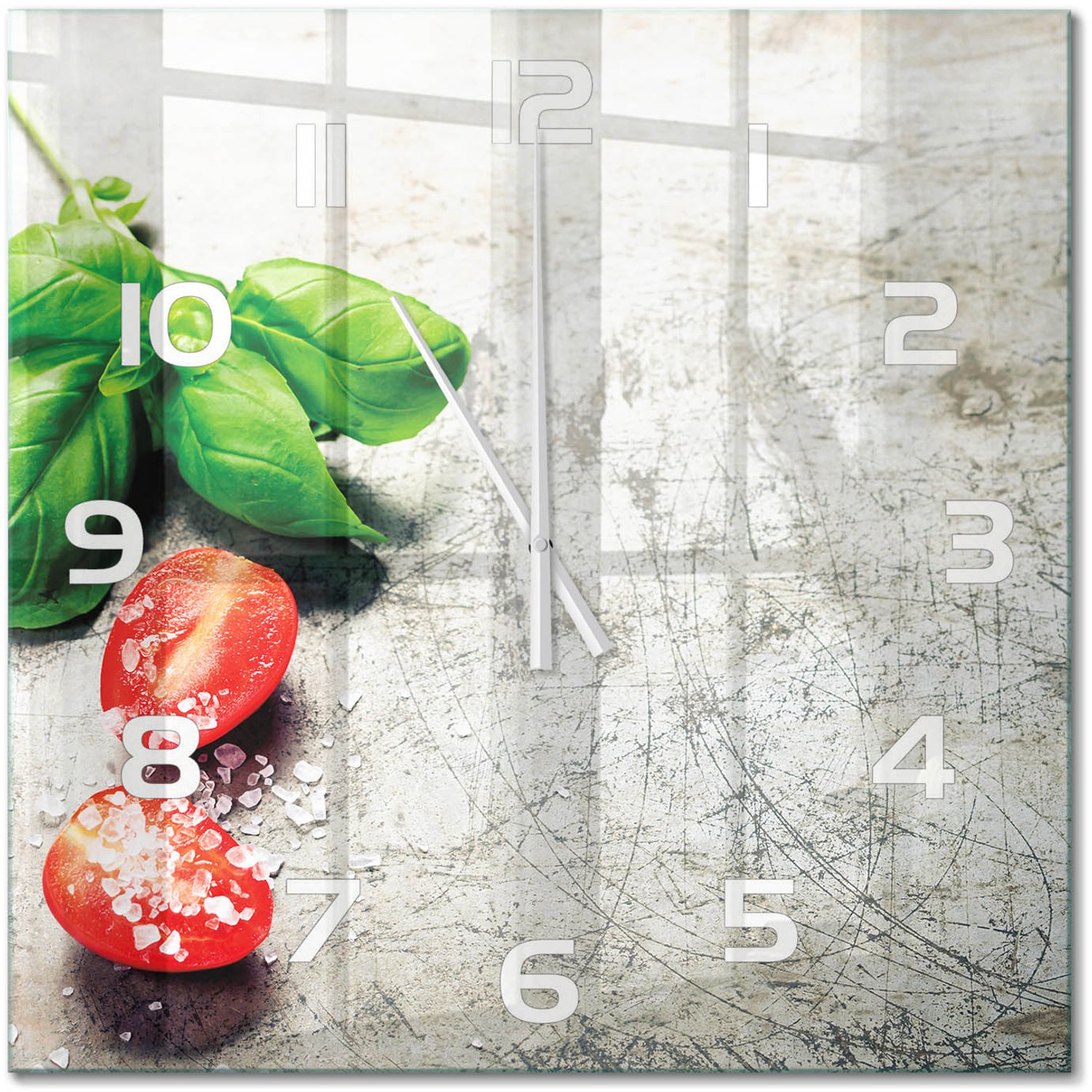 TULUP Wandklok - Tomaten en basilicum Wandklok Glas Decoratie - 60x60 cm - Rood Gekleurde Glazen Klok - Witte handen - Vierkante Klok - Klok Glas Met Opdruk - Moderne Wandklok Glas