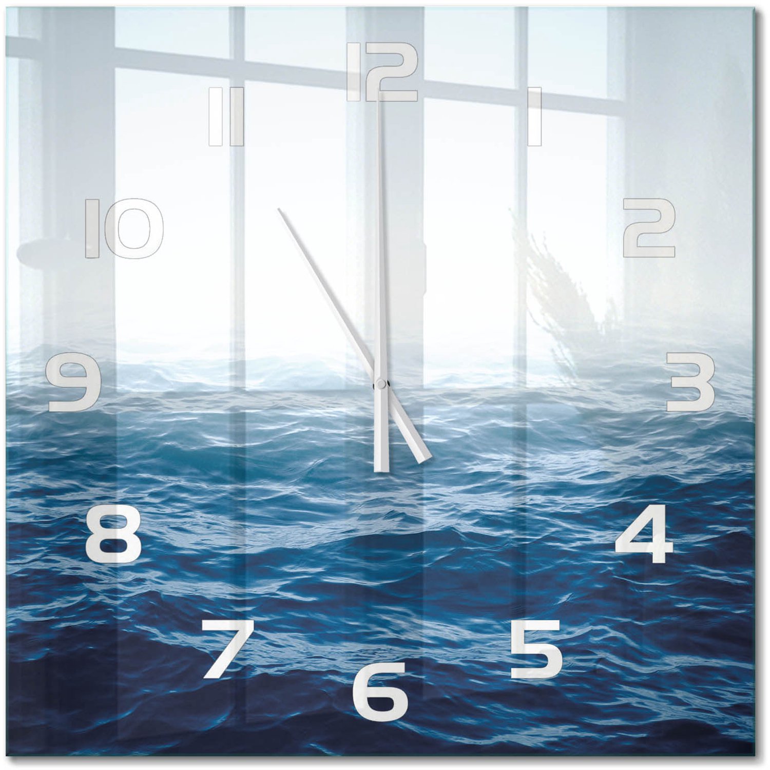TULUP Wandklok - Oceaangolven Gekleurde Glazen Klok - 60x60 cm - Blauw Glazen Klok Met Print - Witte handen - Vierkante Klok - Moderne Wandklok Glas - Wandklok Glas Decoratie