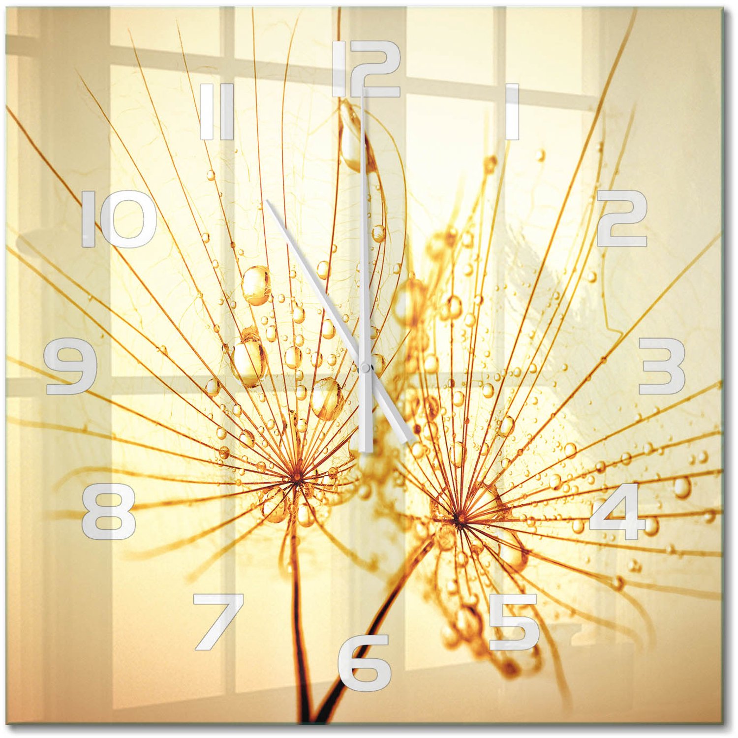 TULUP Wandklok - Paardenbloemzaden Klok Glas Met Opdruk - 60x60 cm - Beige Moderne Wandklok Glas - Witte handen - Vierkante Klok - Decoratieve Glazen Klok - Glazen Wandklok Design