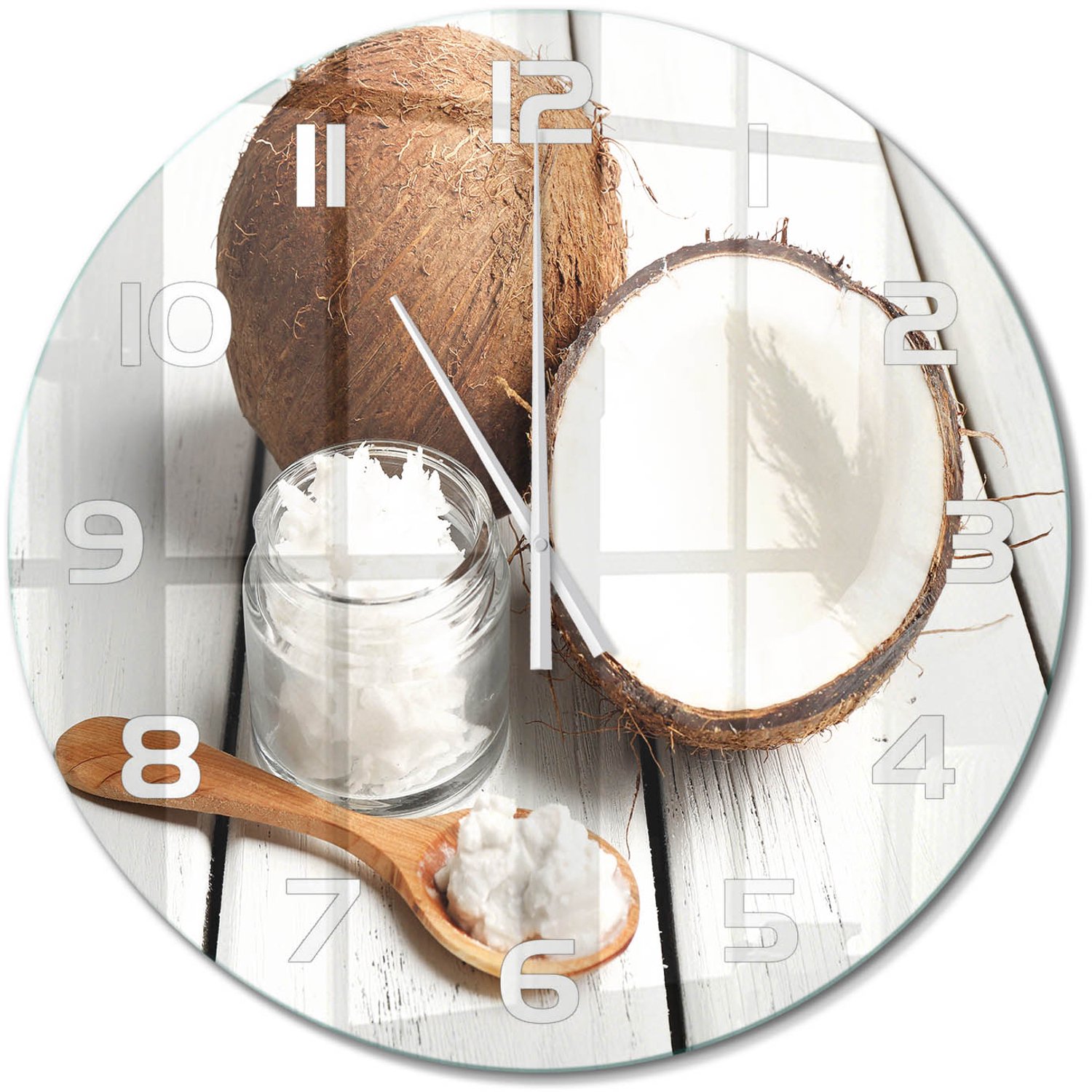 TULUP Wandklok - Kokosolie Moderne Wandklok Glas - fi60 cm - Bruin Wandklok Glas Decoratie - Witte handen - Ronde Klok - Glazen Wandklok Design - Klok Glas Met Opdruk
