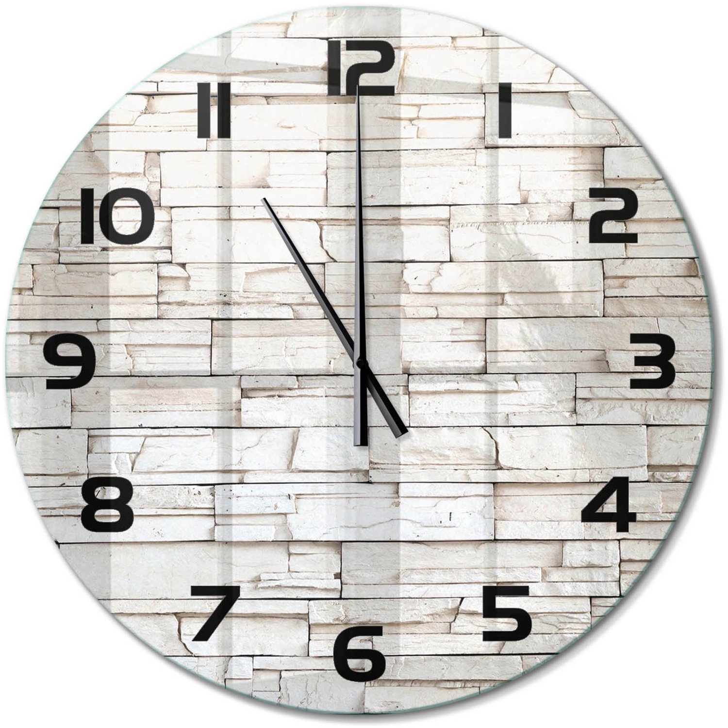 TULUP Wandklok - Witte stenen muur Decoratieve Glazen Klok - fi60 cm - Wit Glazen Wandklok Design - Zwarte handen - Ronde Klok - Glazen Klok Met Print - Wandklok Glas Met Motief