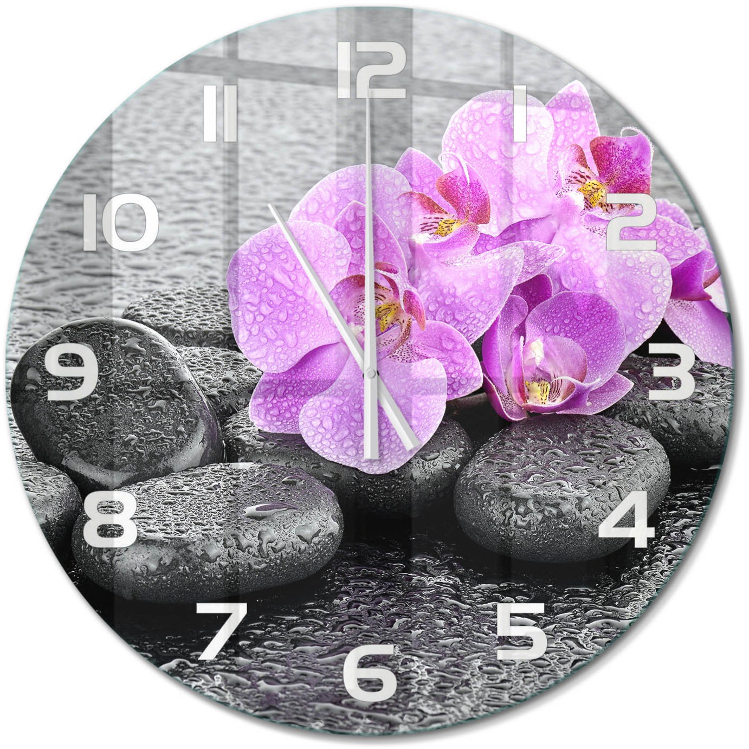 TULUP Wandklok - Orchideeënstenen Decoratieve Glazen Klok - fi60 cm - Roze Glazen Wandklok Design - Witte handen - Ronde Klok - Glazen Klok Met Print - Wandklok Glas Met Motief