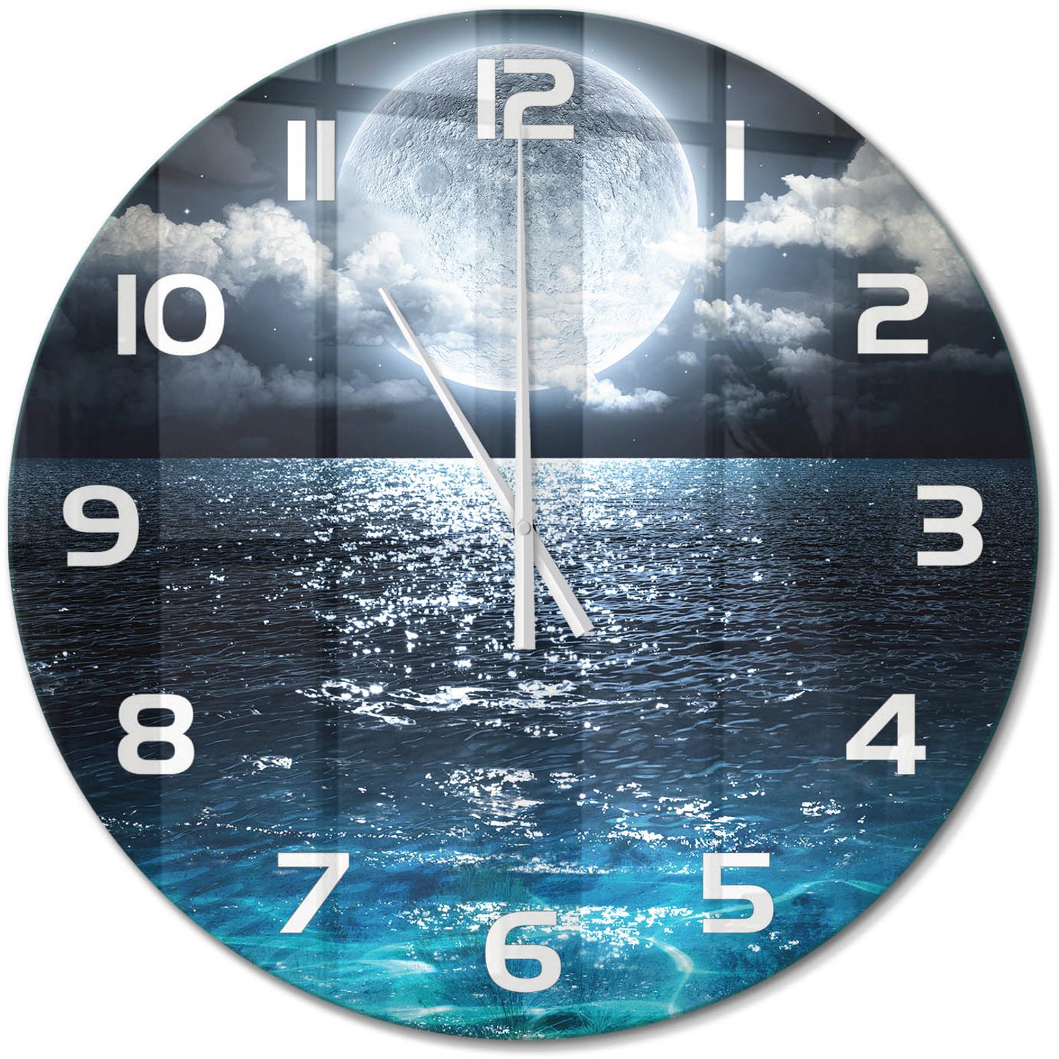 TULUP Wandklok - Volle maan Glazen Wandklok Design - fi60 cm - Blauw Klok Glas Met Opdruk - Witte handen - Ronde Klok - Wandklok Glas Met Motief - Decoratieve Glazen Klok