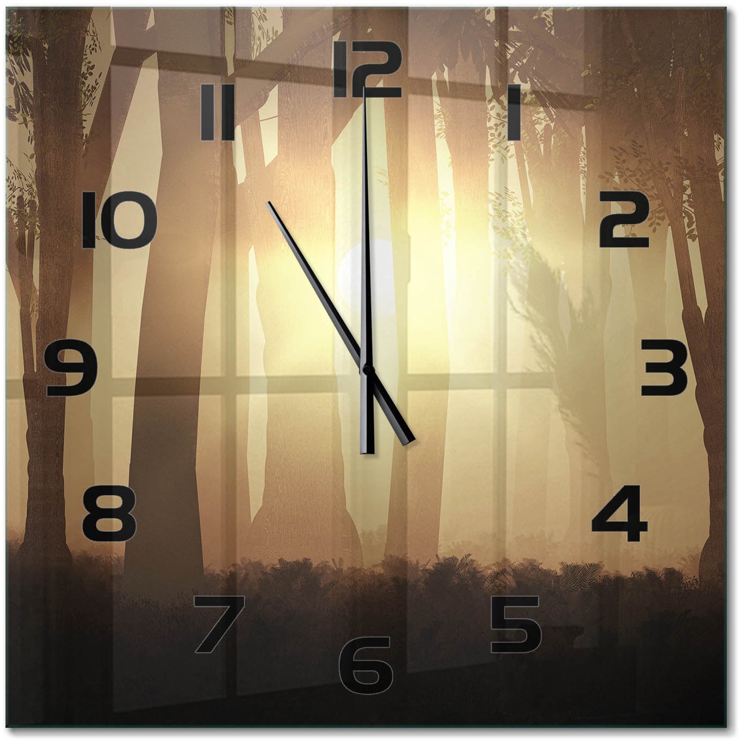 TULUP Wandklok - Mist in het bos Decoratieve Glazen Klok - 60x60 cm - Bruin Glazen Wandklok Design - Zwarte handen - Vierkante Klok - Glazen Klok Met Print - Wandklok Glas Met Motief