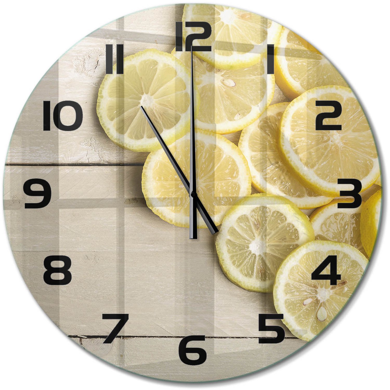 TULUP Wandklok - Citroenhout Wandklok Glas Met Motief - fi60 cm - Geel Decoratieve Glazen Klok - Zwarte handen - Ronde Klok - Gekleurde Glazen Klok - Glazen Klok Met Print