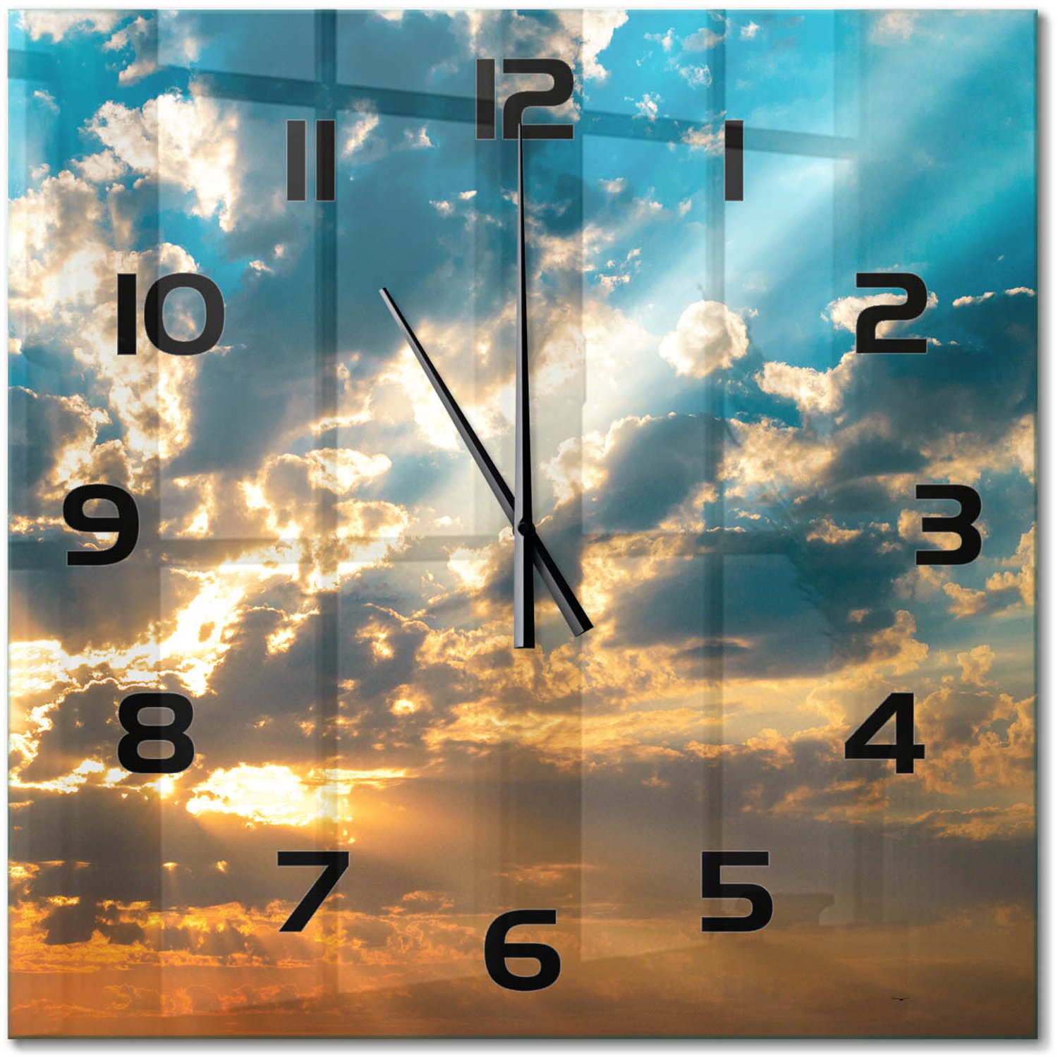 TULUP Wandklok - Hemel bij zonsondergang Gekleurde Glazen Klok - 60x60 cm - Veelkleurig Glazen Klok Met Print - Zwarte handen - Vierkante Klok - Moderne Wandklok Glas - Wandklok Glas Decoratie