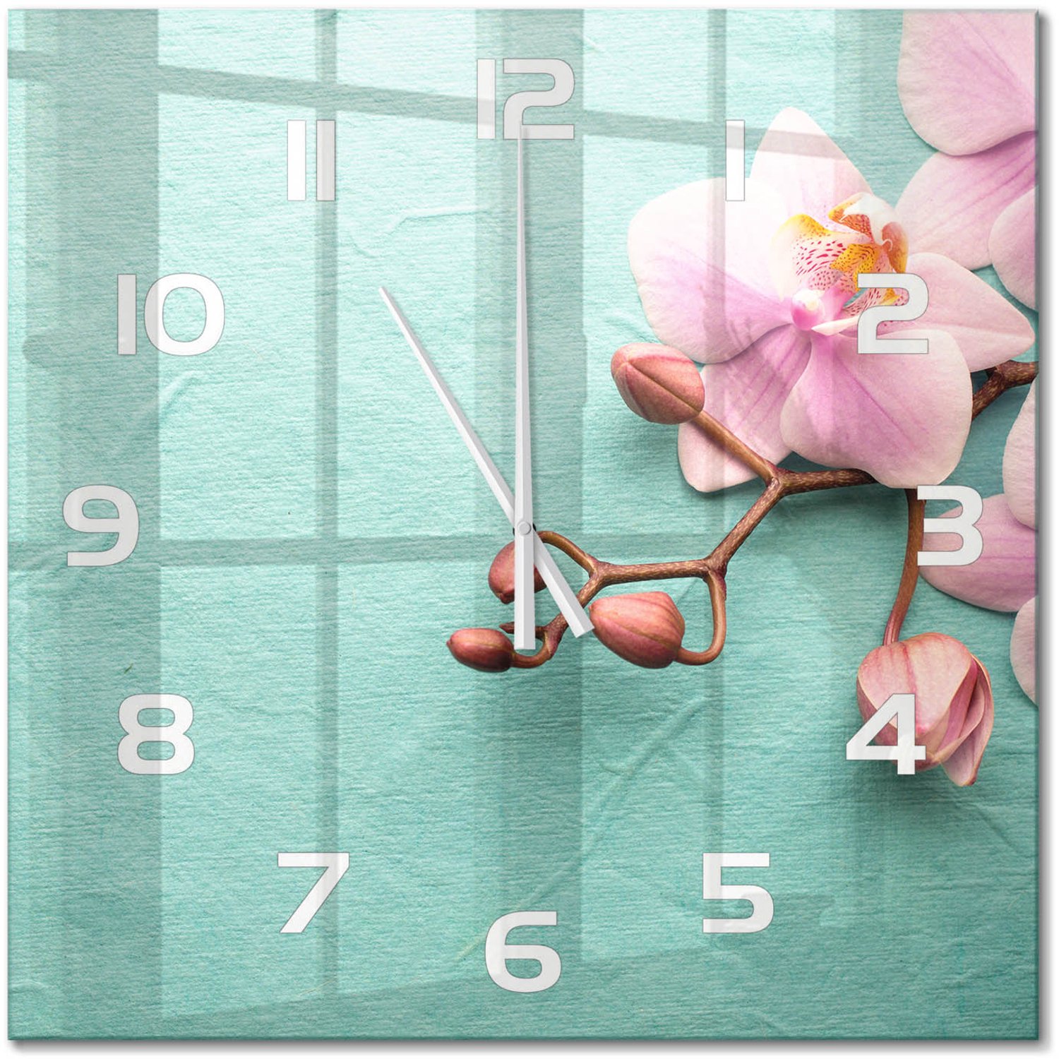 TULUP Wandklok - Orchidee Glazen Wandklok Design - 60x60 cm - Roze Klok Glas Met Opdruk - Witte handen - Vierkante Klok - Wandklok Glas Met Motief - Decoratieve Glazen Klok