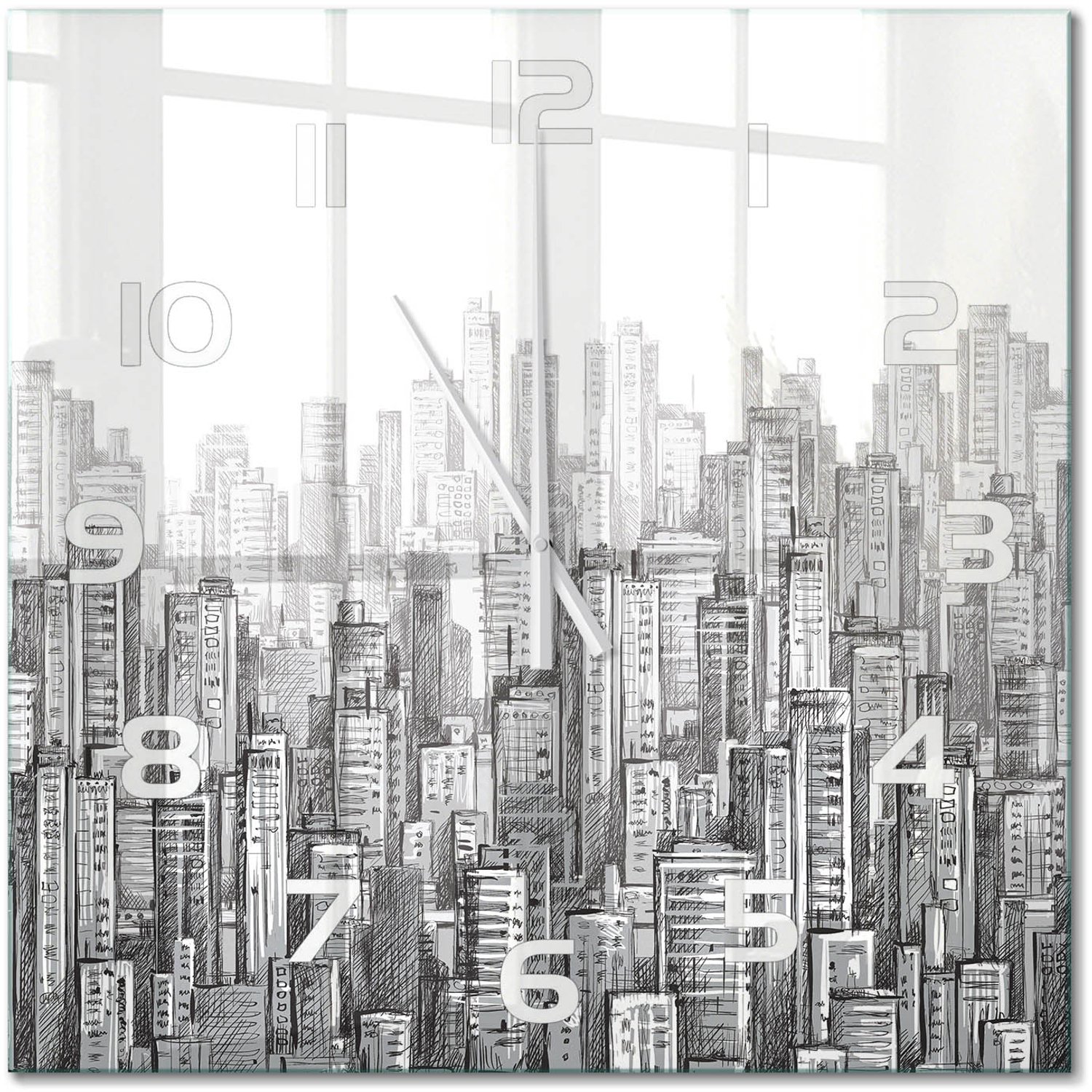TULUP Wandklok - Wolkenkrabber Klok Glas Met Opdruk - 60x60 cm - Grijs Moderne Wandklok Glas - Witte handen - Vierkante Klok - Decoratieve Glazen Klok - Glazen Wandklok Design