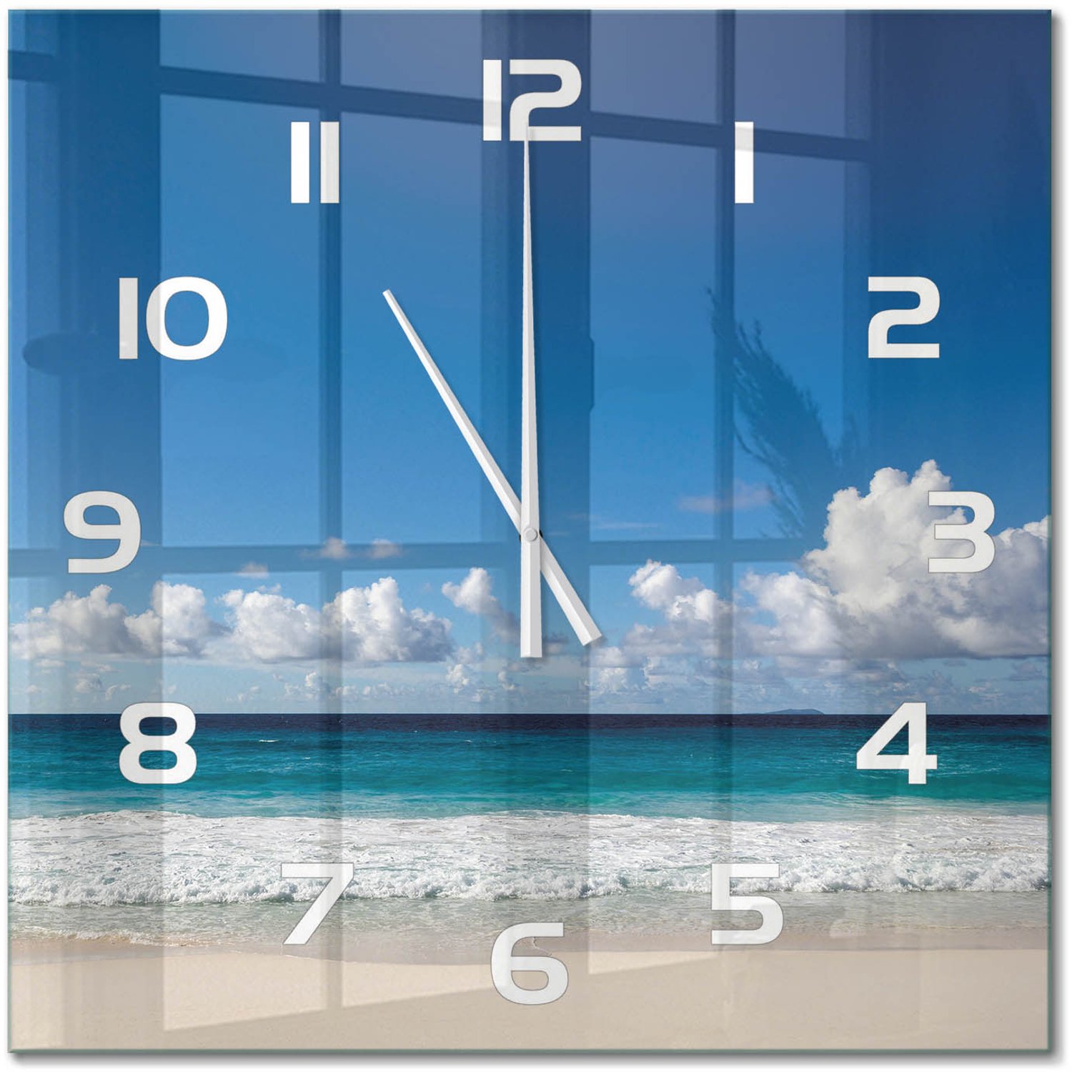 TULUP Wandklok - strand op de Seychellen Glazen Wandklok Design - 60x60 cm - Blauw Klok Glas Met Opdruk - Witte handen - Vierkante Klok - Wandklok Glas Met Motief - Decoratieve Glazen Klok