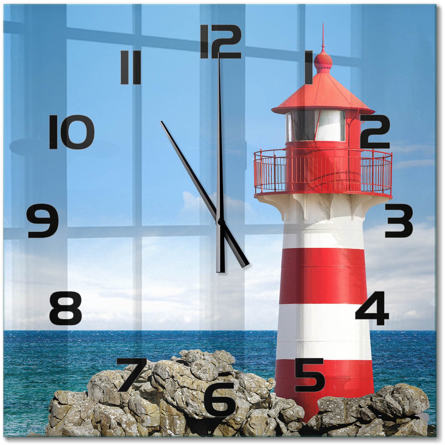 TULUP Wandklok - Vuurtoren Decoratieve Glazen Klok - 60x60 cm - Rood Glazen Wandklok Design - Zwarte handen - Vierkante Klok - Glazen Klok Met Print - Wandklok Glas Met Motief