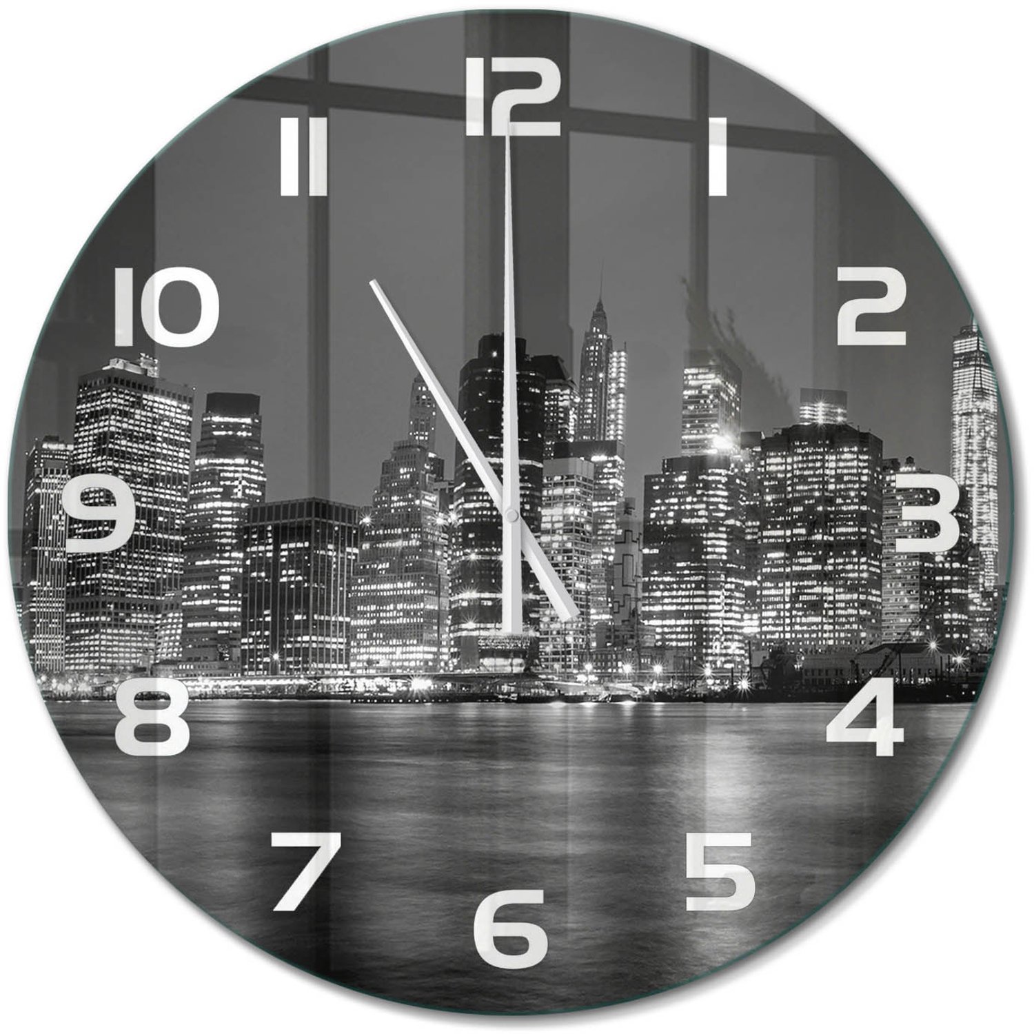 TULUP Wandklok - Manhattan 's nachts Wandklok Glas Decoratie - fi60 cm - Zwart-wit Gekleurde Glazen Klok - Witte handen - Ronde Klok - Klok Glas Met Opdruk - Moderne Wandklok Glas
