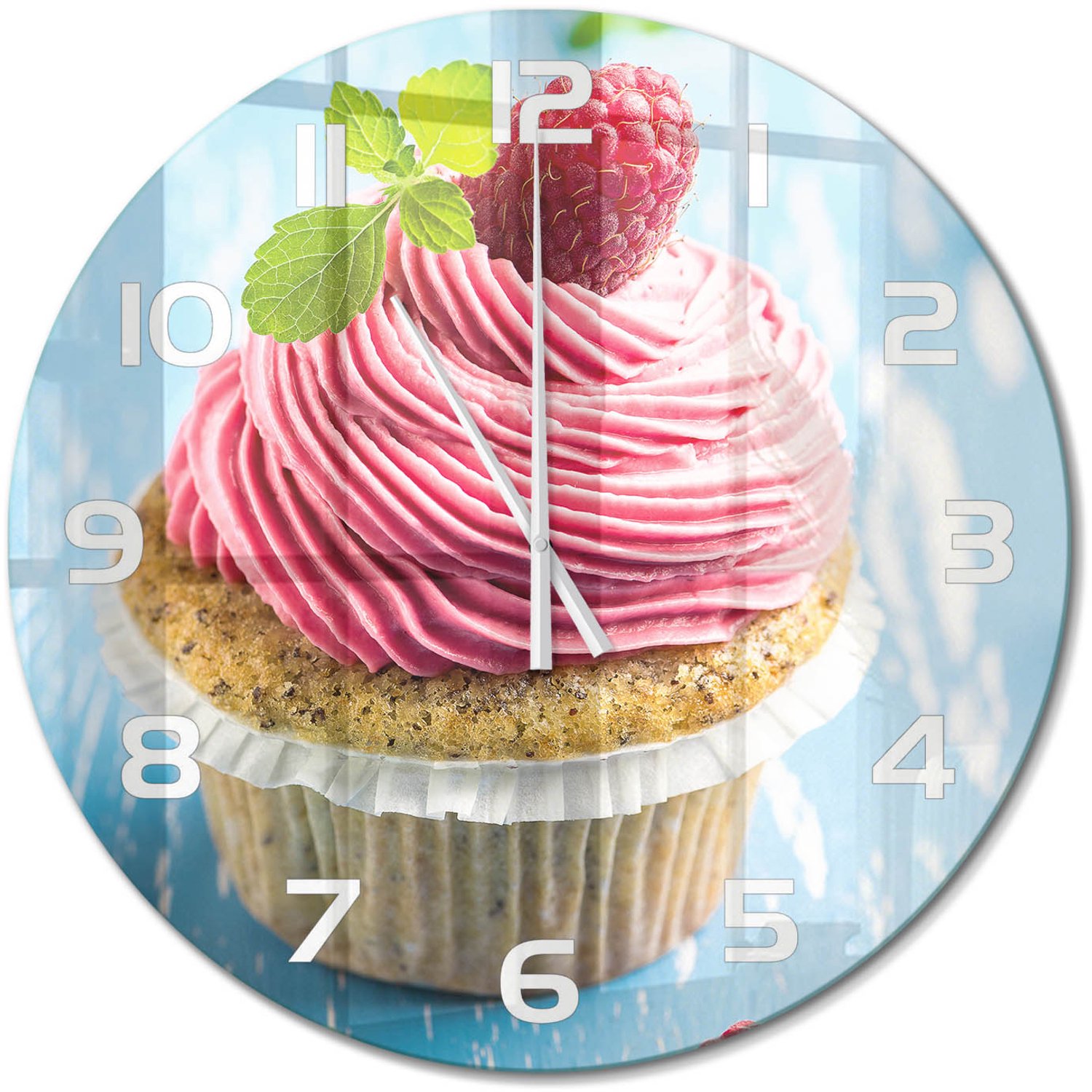 TULUP Wandklok - Frambozenmuffin Glazen Klok Met Print - fi60 cm - Rood Wandklok Glas Met Motief - Witte handen - Ronde Klok - Wandklok Glas Decoratie - Gekleurde Glazen Klok