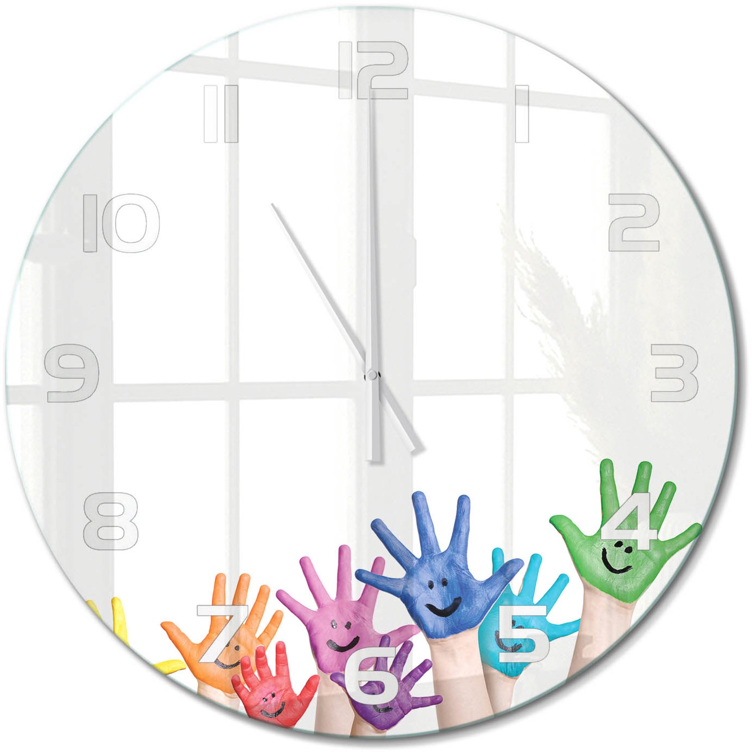 TULUP Wandklok - Geschilderde handen Gekleurde Glazen Klok - fi60 cm - Veelkleurig Glazen Klok Met Print - Witte handen - Ronde Klok - Moderne Wandklok Glas - Wandklok Glas Decoratie