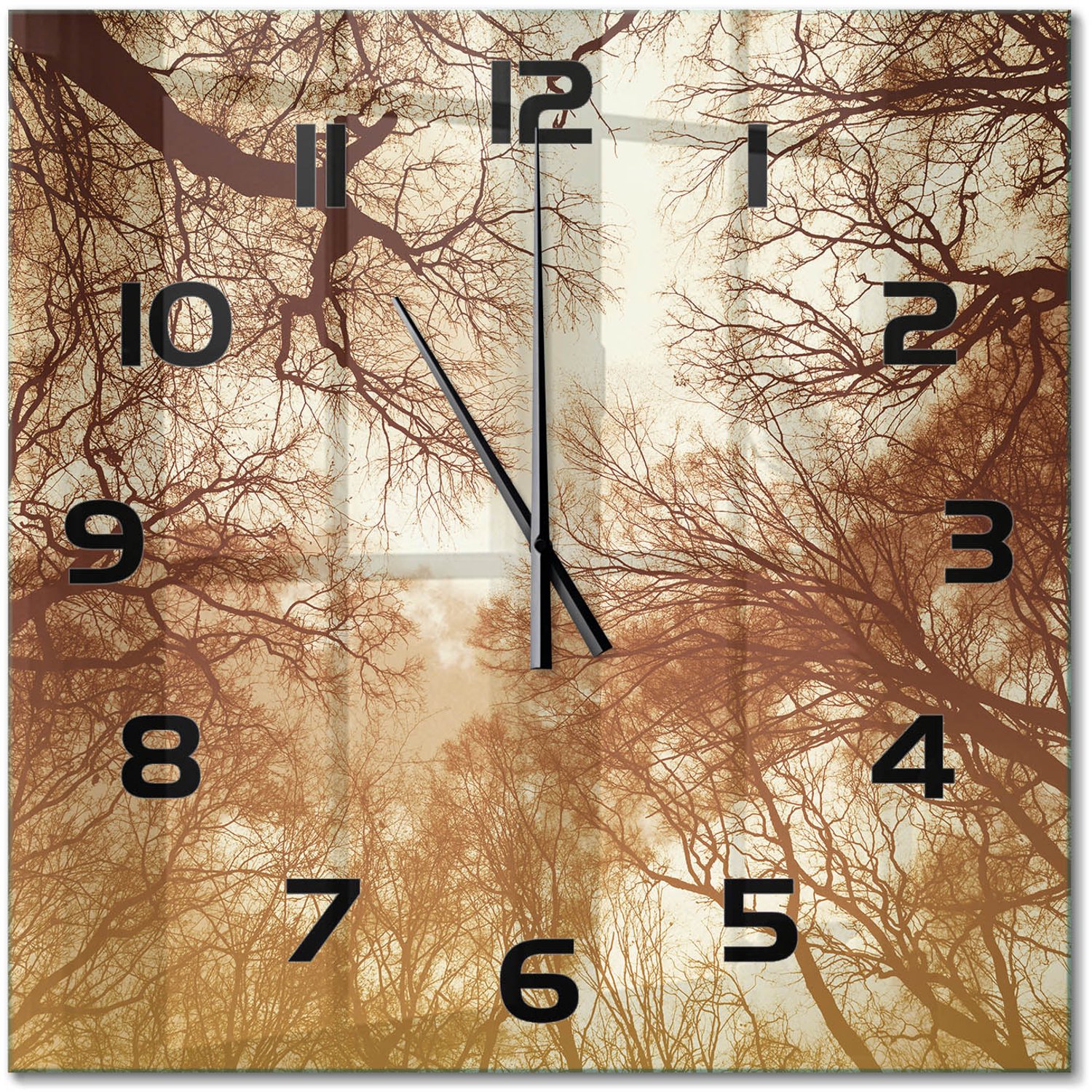 TULUP Wandklok - Woud Wandklok Glas Met Motief - 60x60 cm - Bruin Decoratieve Glazen Klok - Zwarte handen - Vierkante Klok - Gekleurde Glazen Klok - Glazen Klok Met Print