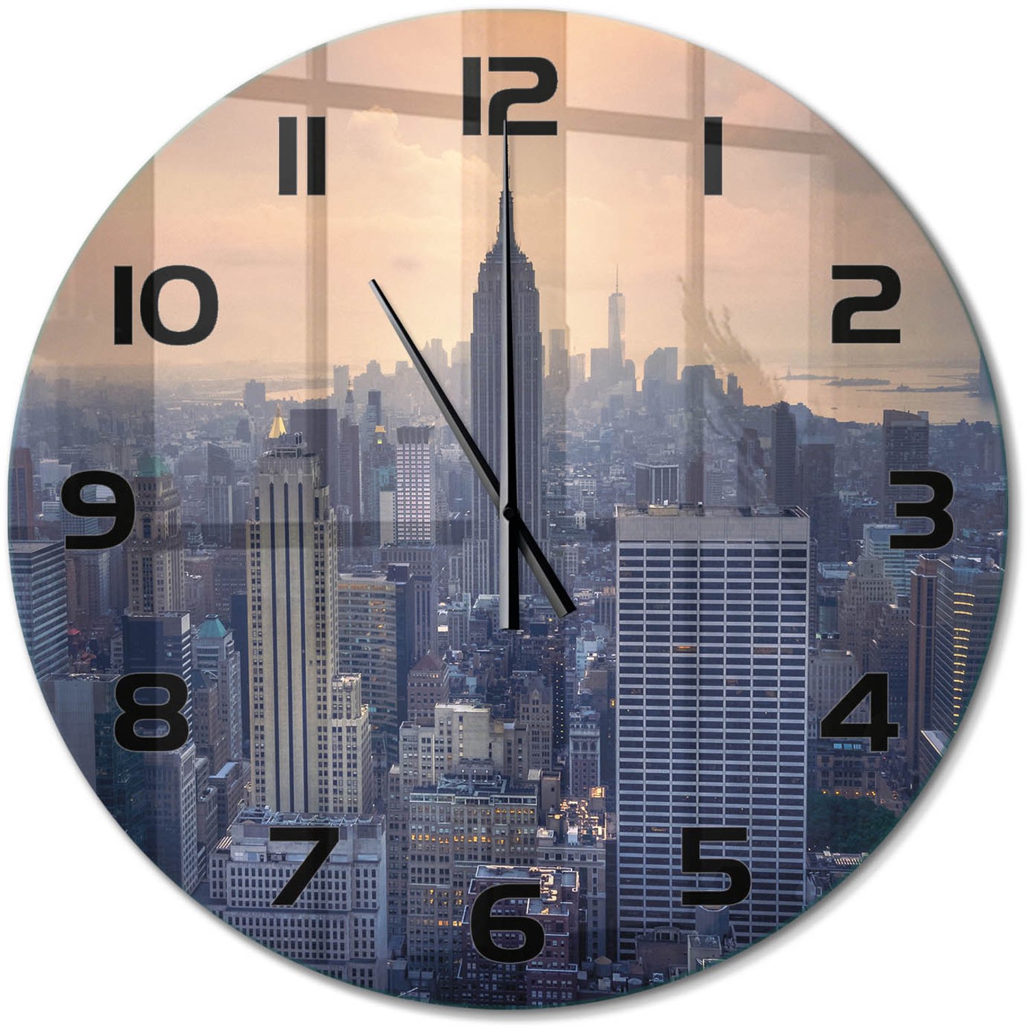 TULUP Wandklok - Manhattan, New York Decoratieve Glazen Klok - fi60 cm - Grijs Glazen Wandklok Design - Zwarte handen - Ronde Klok - Glazen Klok Met Print - Wandklok Glas Met Motief