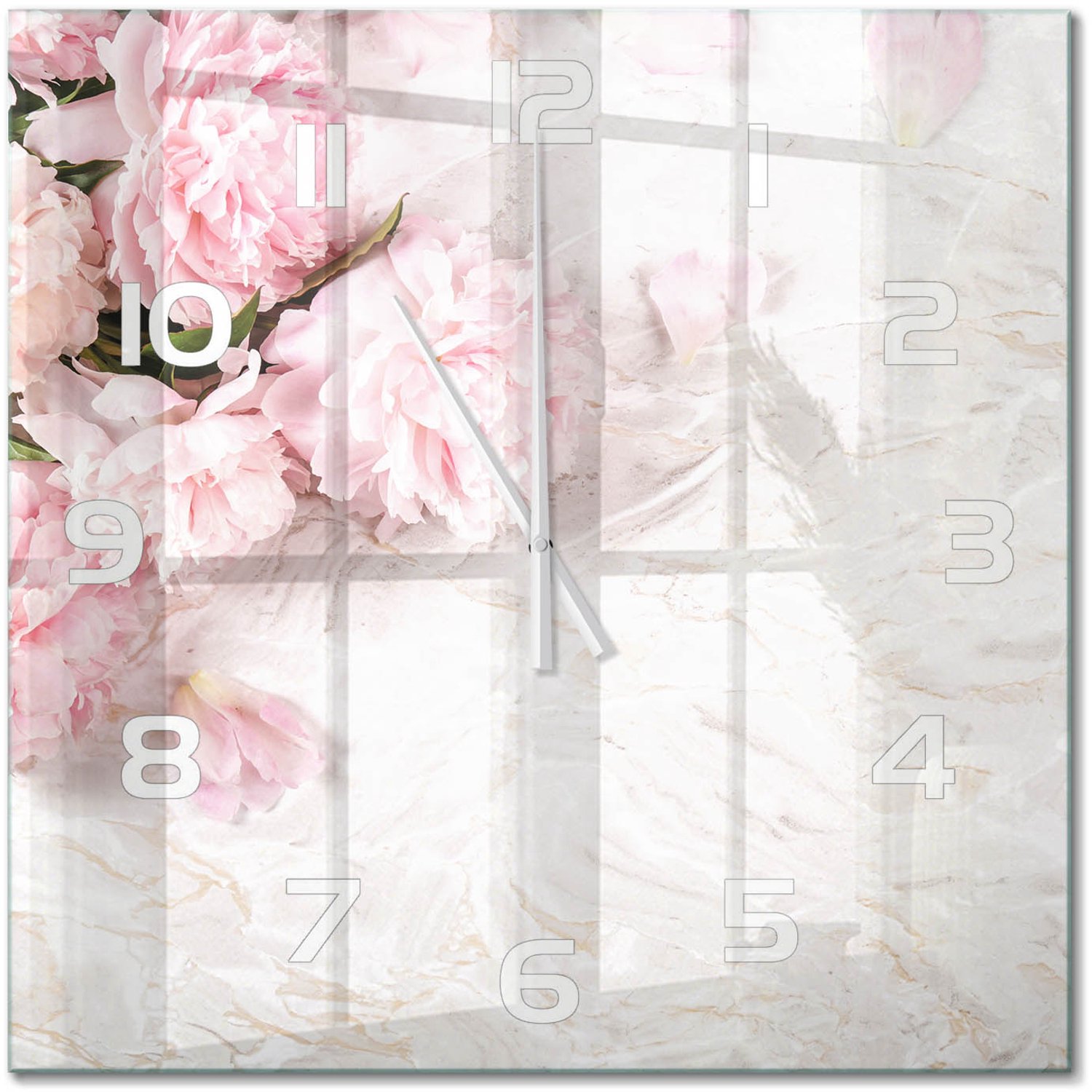 TULUP Wandklok - Pioenrozen Wandklok Glas Decoratie - 60x60 cm - Roze Gekleurde Glazen Klok - Witte handen - Vierkante Klok - Klok Glas Met Opdruk - Moderne Wandklok Glas