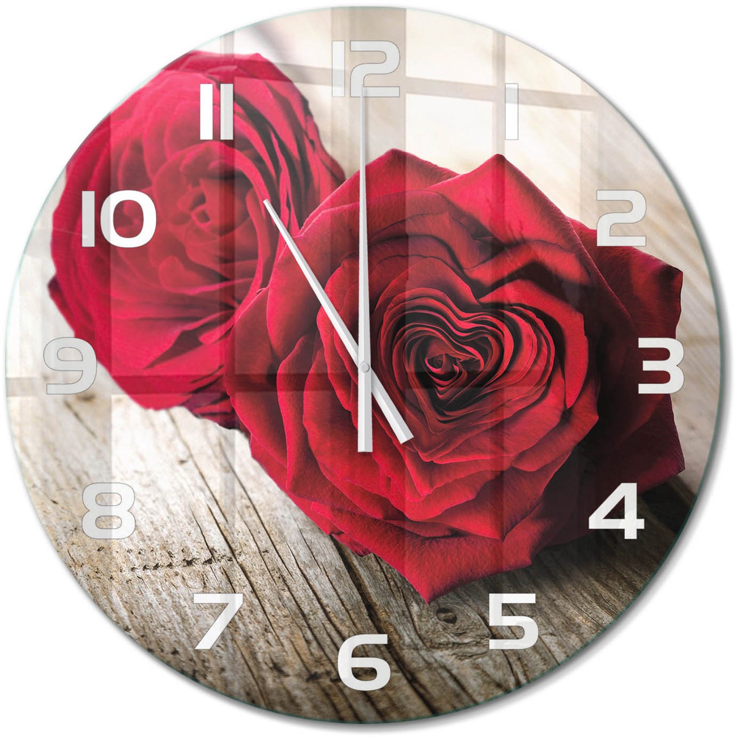 TULUP Wandklok - Rozen op hout Moderne Wandklok Glas - fi60 cm - Rood Wandklok Glas Decoratie - Witte handen - Ronde Klok - Glazen Wandklok Design - Klok Glas Met Opdruk