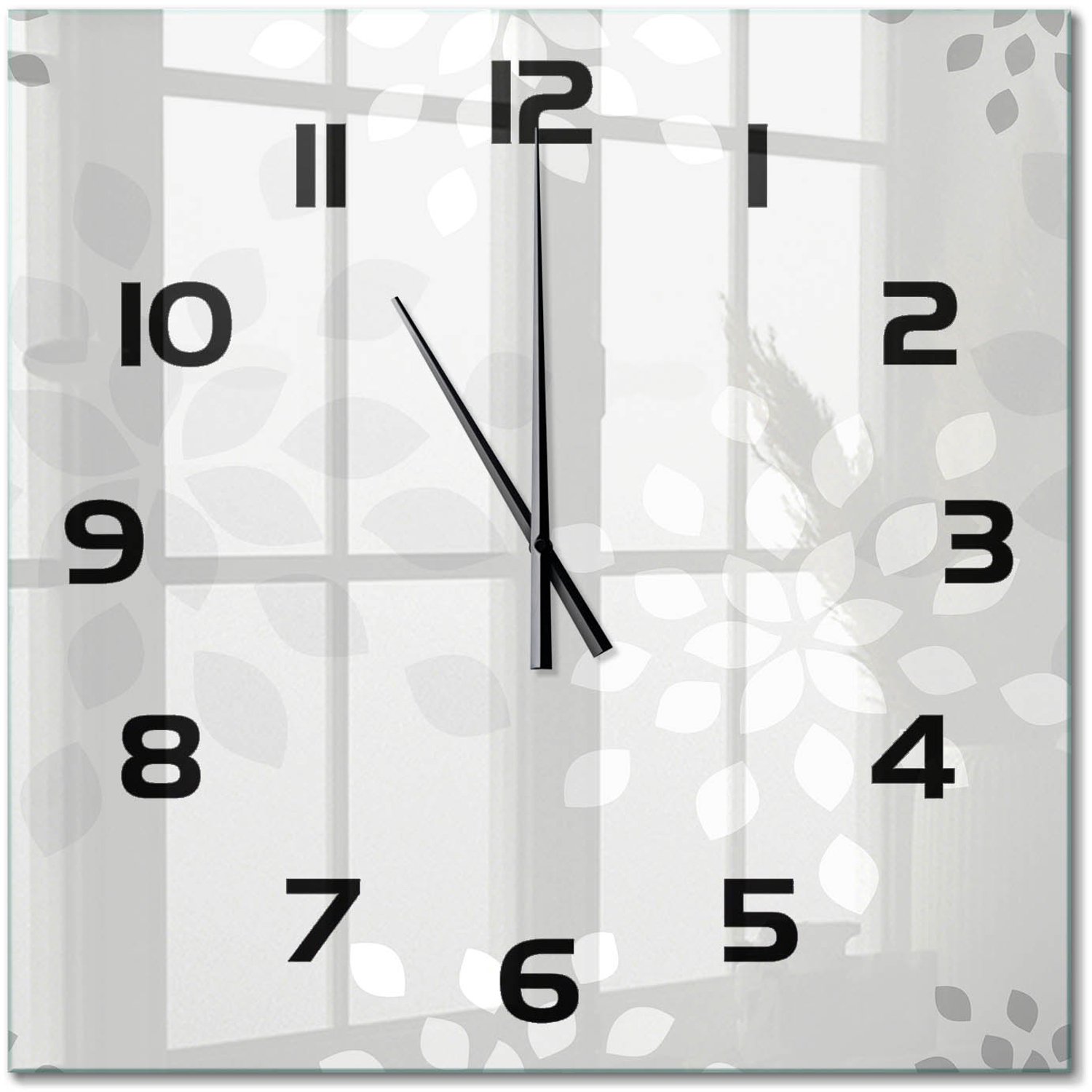 TULUP Wandklok - Bloemenpatroon Wandklok Glas Decoratie - 60x60 cm - Grijs Gekleurde Glazen Klok - Zwarte handen - Vierkante Klok - Klok Glas Met Opdruk - Moderne Wandklok Glas