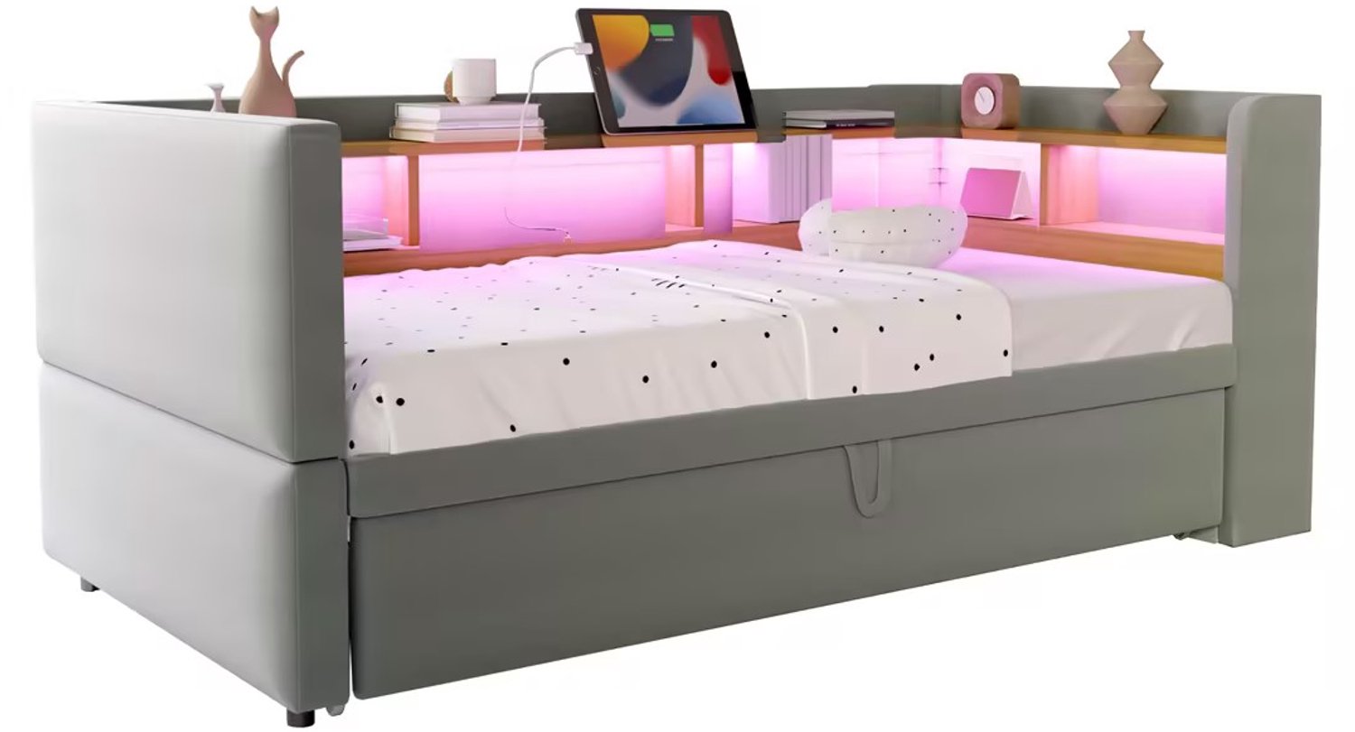 MUVANO Uitschuifbare slaapbank - slaapbank met opbergvakken, ledverlichting en stopcontacten - metalen frame, 90/180 x 190 cm, lichtgrijs