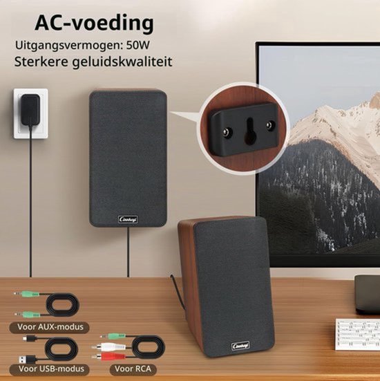 50W AC aangedreven boekenplank luidsprekers,Passieve 2.0 computerluidspreker met Bluetooth/RCA/AUX/USB-aansluitingen, TV/PC/laptop/draaitafelluidspreker met sterke bas — afbeelding 4