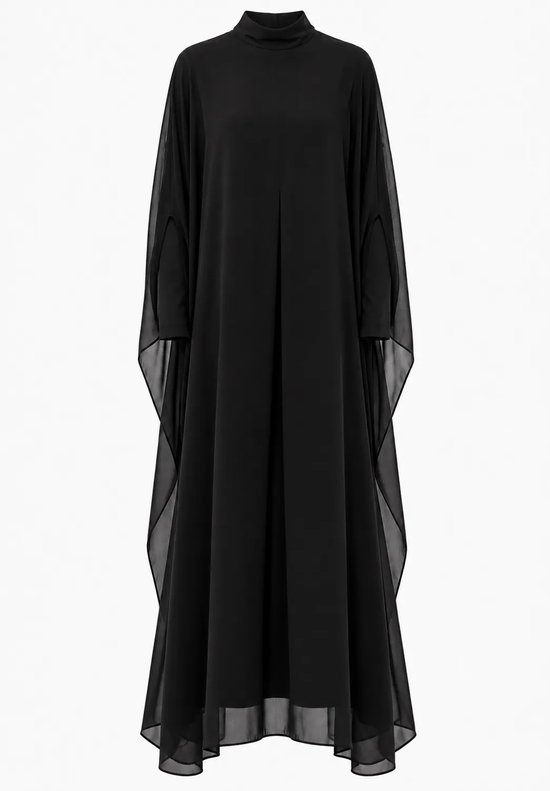 Zwarte Touché Privé chiffon maxi-jurk met opstaande kraag en wijde, doorschijnende vleermuismouwen.