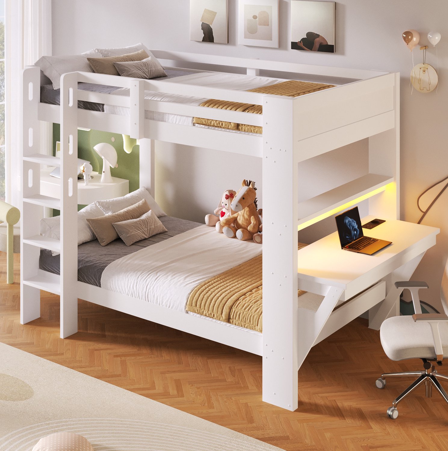 WUVRIE Stapelbed 90x200 cm - Met bureau, stopcontact, LED-verlichting en open opbergruimte - Wit