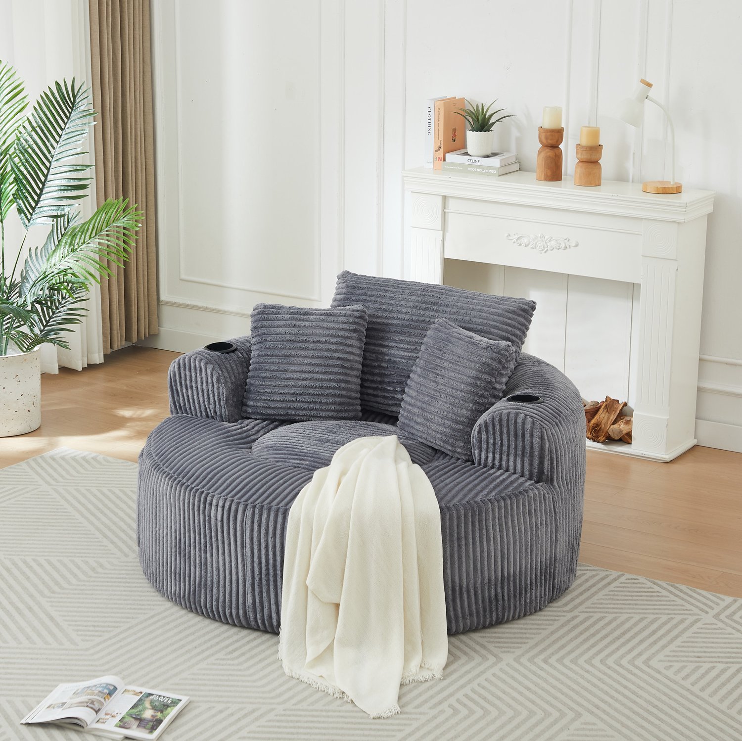 STILVORA Fauteuil 142 cm - Rond 1-Zits Loungesofa Met 3 Kussens, 2 Bekerhouders En Zijvakken - Woonkamer En Slaapkamer - Ribfluweel Grijs