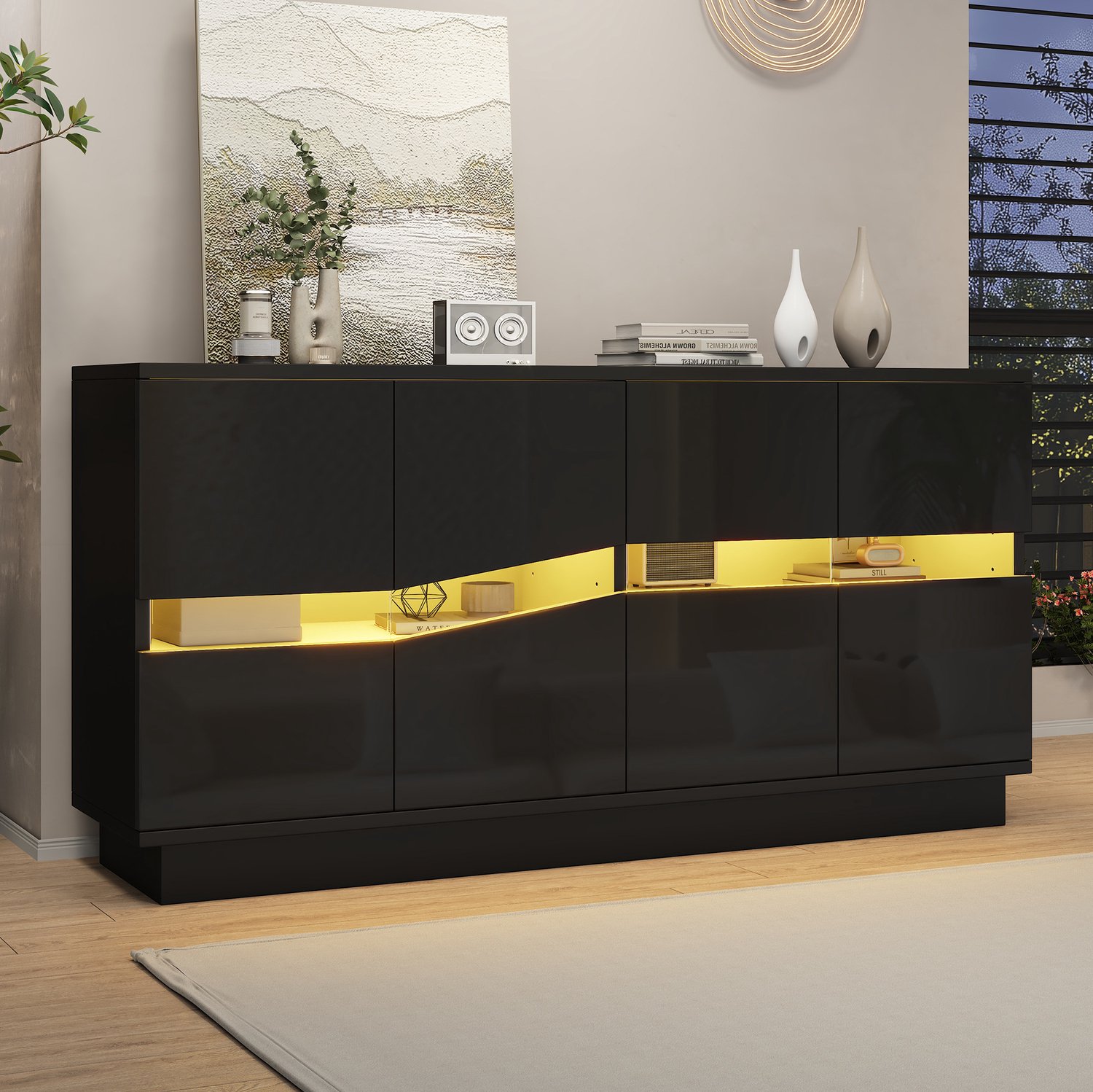 FloraGrace Dressoir - Hoogglans Met Ledverlichting En Vier Deuren - Voor Woonkamer, Hal En Eetkamer - Spaanplaat En Acryl - 140x35x70 Cm - Zwart