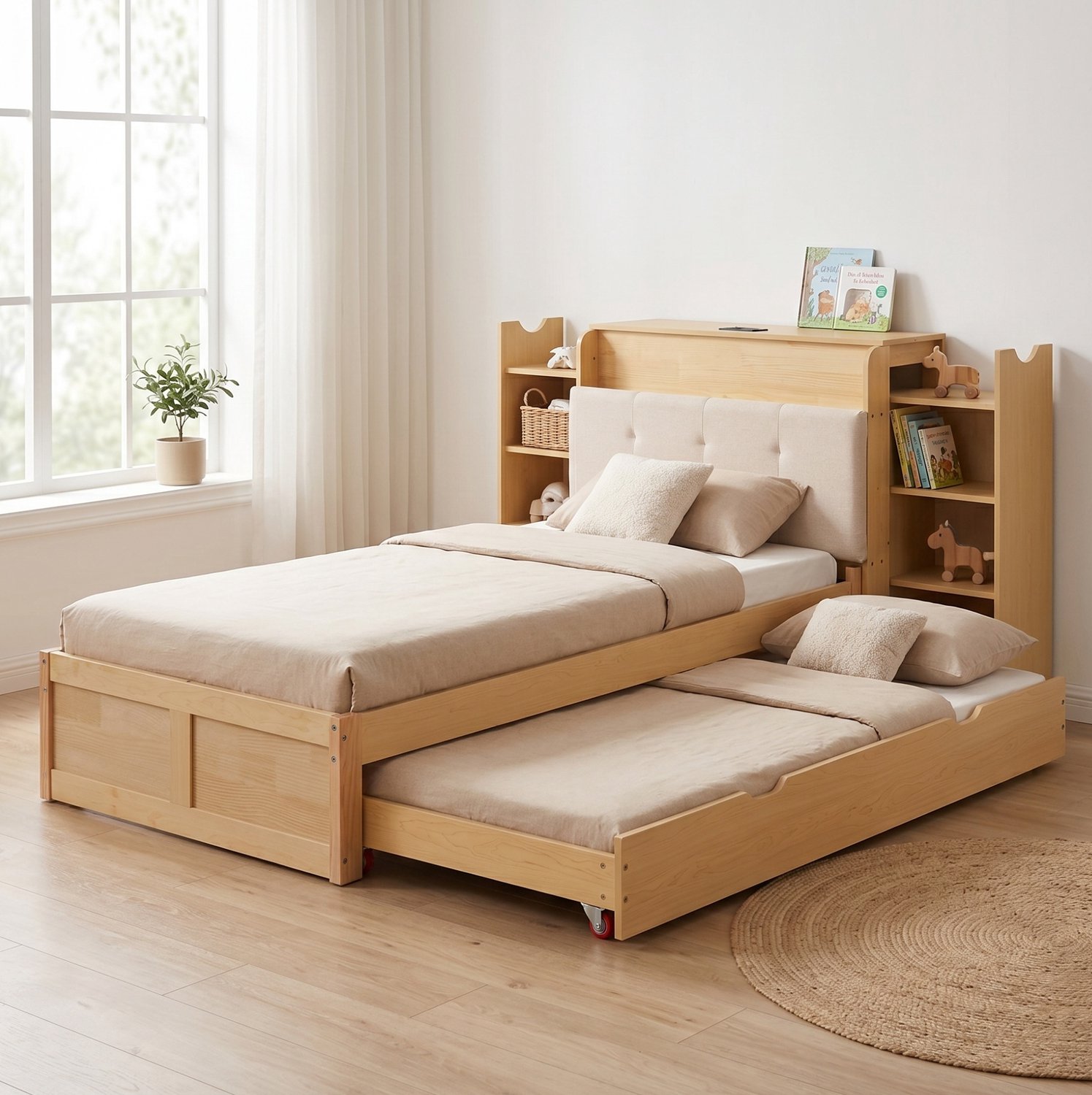 WUVRIE Uitschuifbed 90x200 tot 180x200 cm - Boekenkast-hoofdeinde en wielen - Naturel hout Natuurlijk hout