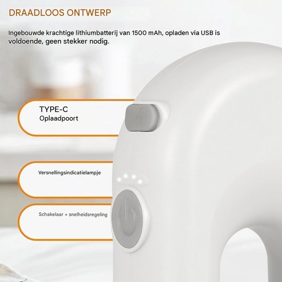 Draadloze Handmixer – Elektrische Mini Garde met 4 Snelheden – Handgarde voor Eieren, Melk, Saus en Beslag – Wit van QTTVBTNA — afbeelding 4