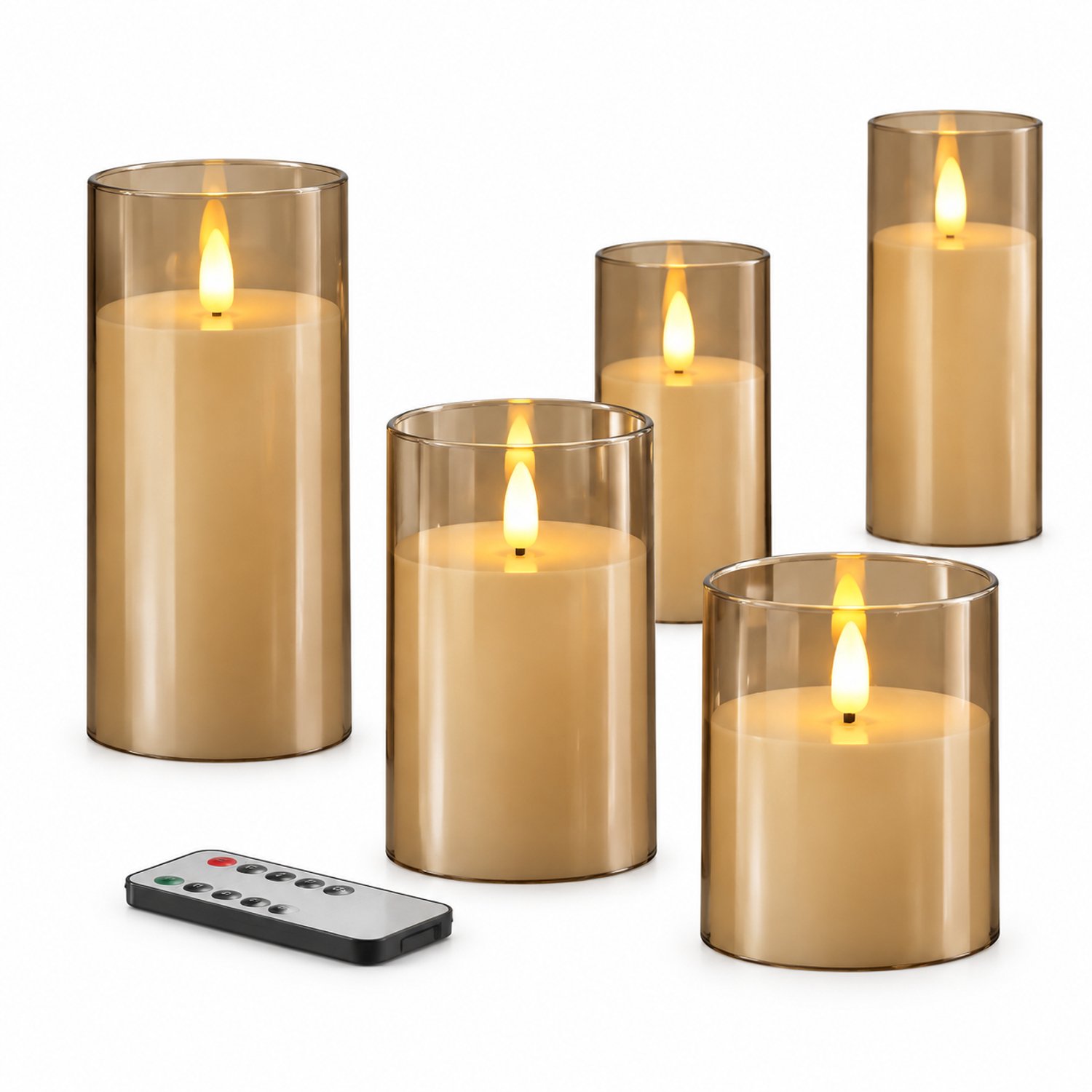 led kaarsen - Grijze set van 3 met transparante cilindervormige kap en vlamvormig licht - 7,5 x 10/12,5/15 cm