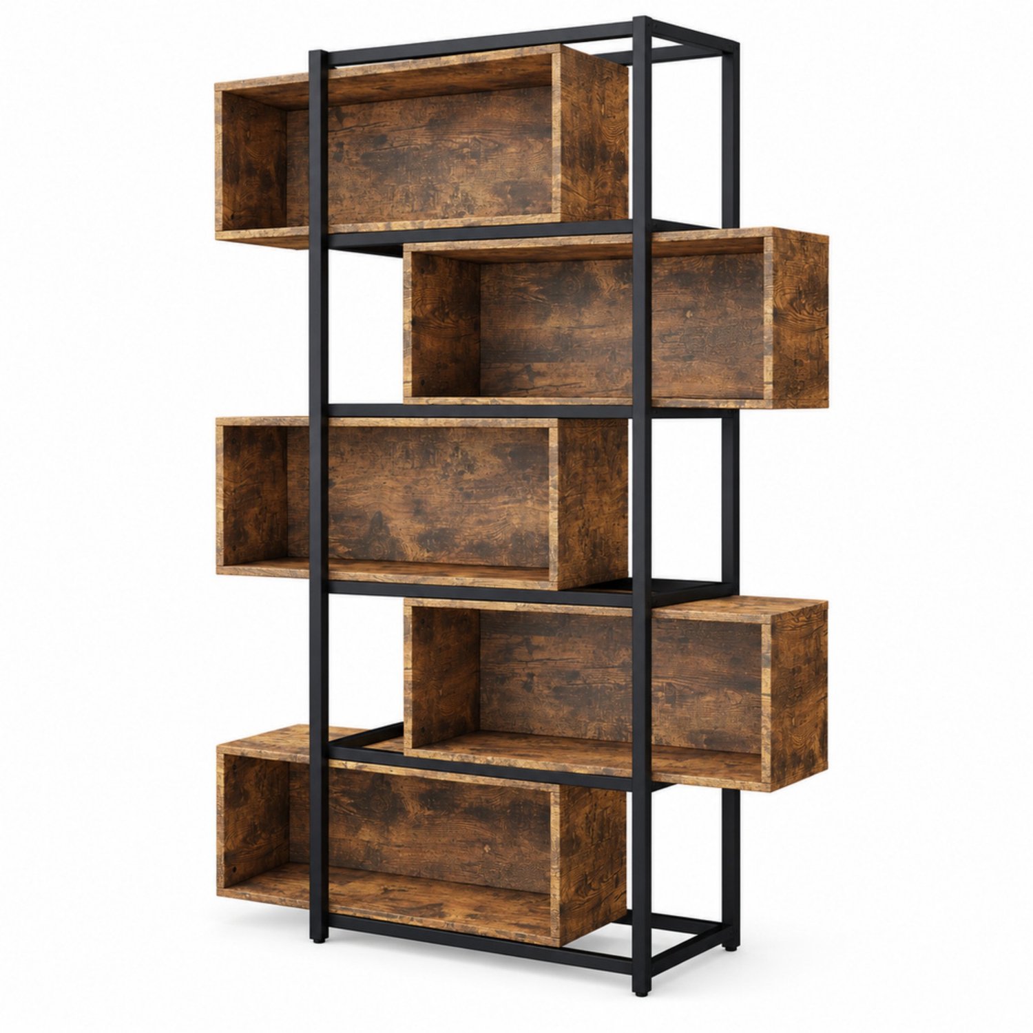 LONG DRAGON - Boekenkast - 5 niveaus met legplanken - Bruine houtnerf - Zwart stalen buisframe