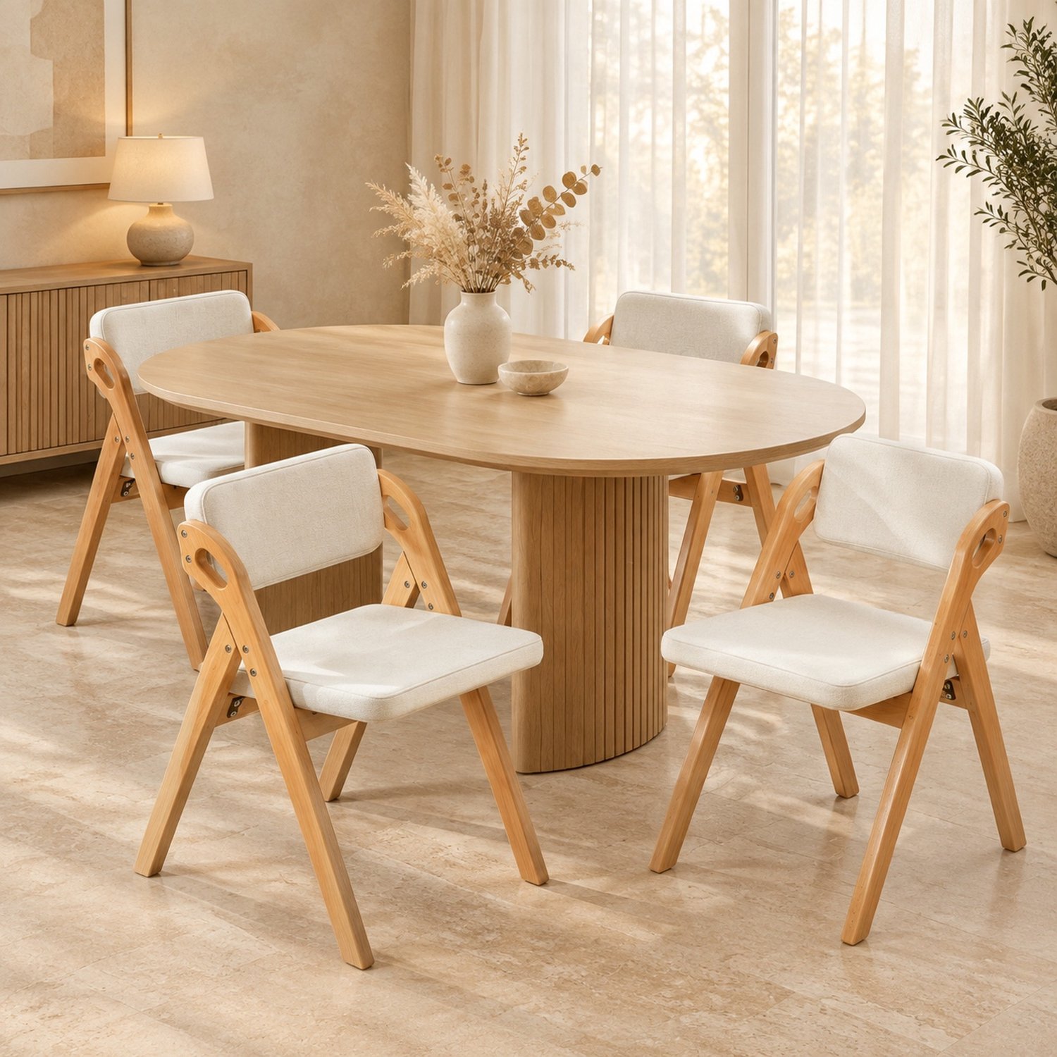 MODFU Inklapstoel - Gestoffeerde Zitting - Met Armleuningen - Hout - Beige - 4 Stuks