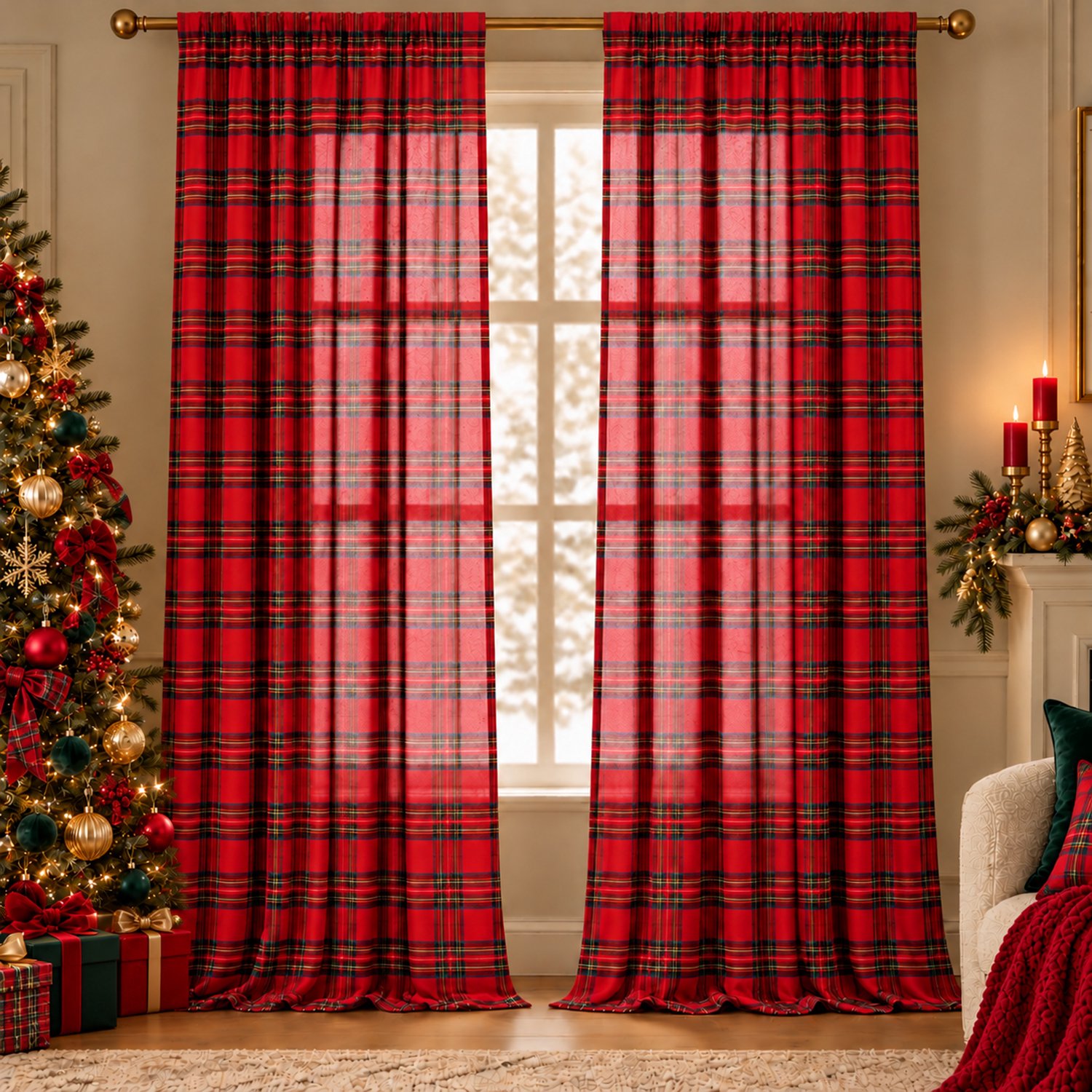 Qelus 2 Stuks Kerstgordijnen - Lichtdoorlatende Vitrage met Schots Ruitpatroon - Met Tunnelzoom en Verborgen Lussen - Kant-en-klare Raamdecoratie voor Woonkamer, Slaapkamer en Eetkamer - Rood - 132 x 274 cm