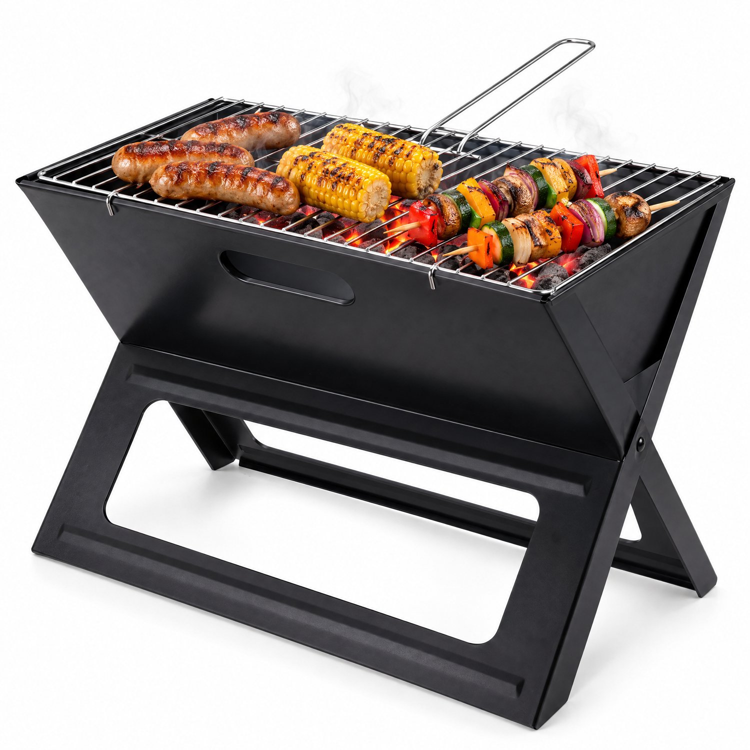 Cheqo® Opvouwbare Barbecue - Houtskool BBQ - Draagbare Barbecue - Camping BBQ - Tafelbarbecue voor Balkon en Tuin - Mini Grill voor Strand en Park - Houtskoolgrill voor Picknick, Festival en Vakantie - Zwart