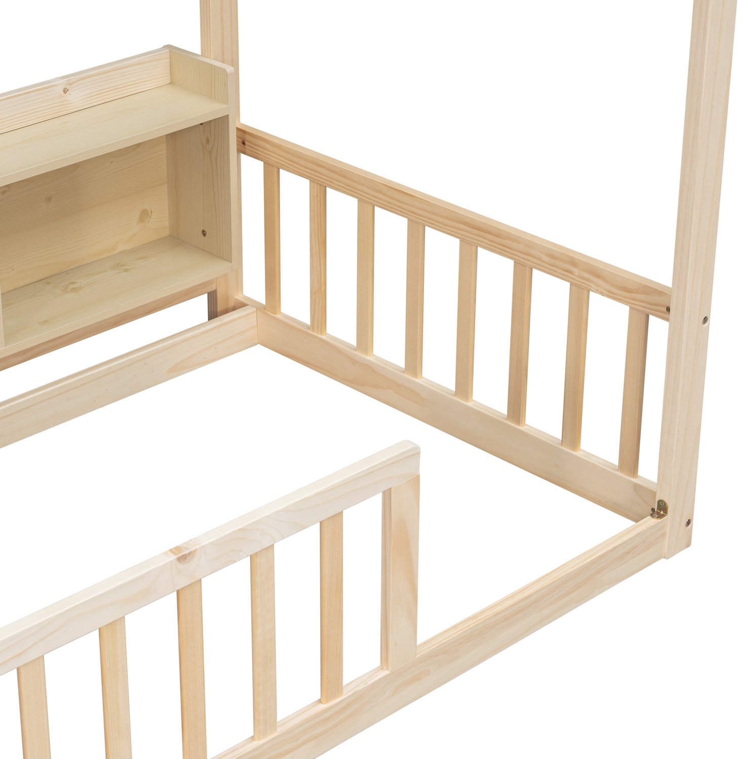 REDOM Kinderbed 90x200 cm - Huisvormig bedframe met 4 opbergvakken en rondom hekwerk - Naturel