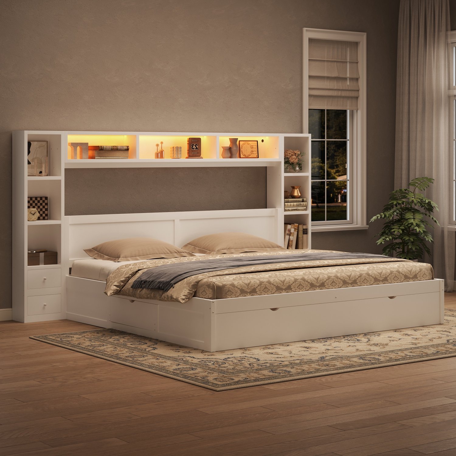 WUVRIE Bedframe 180x200 cm - 7 lades, opbergvakken en LED-verlichting - Wit