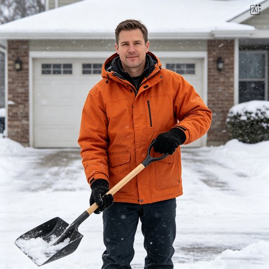Man in oranje jas draagt zwarte handschoenen en gebruikt een sneeuwschep voor een huis.