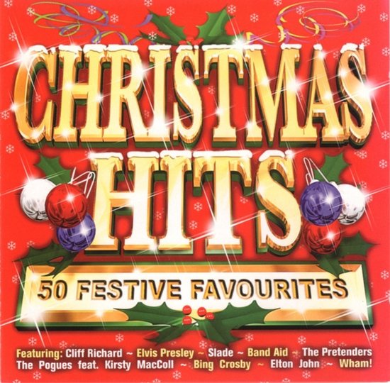 Rode albumhoes 'Christmas Hits 50 Festive Favourites' met gouden letters, kerstballen, hulst en sneeuwvlokken.