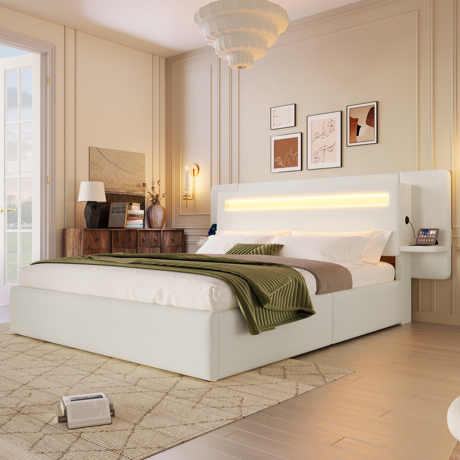 WUVRIE Gestoffeerd bed 140x200 cm - Met nachtkastje, LED en USB - Beige