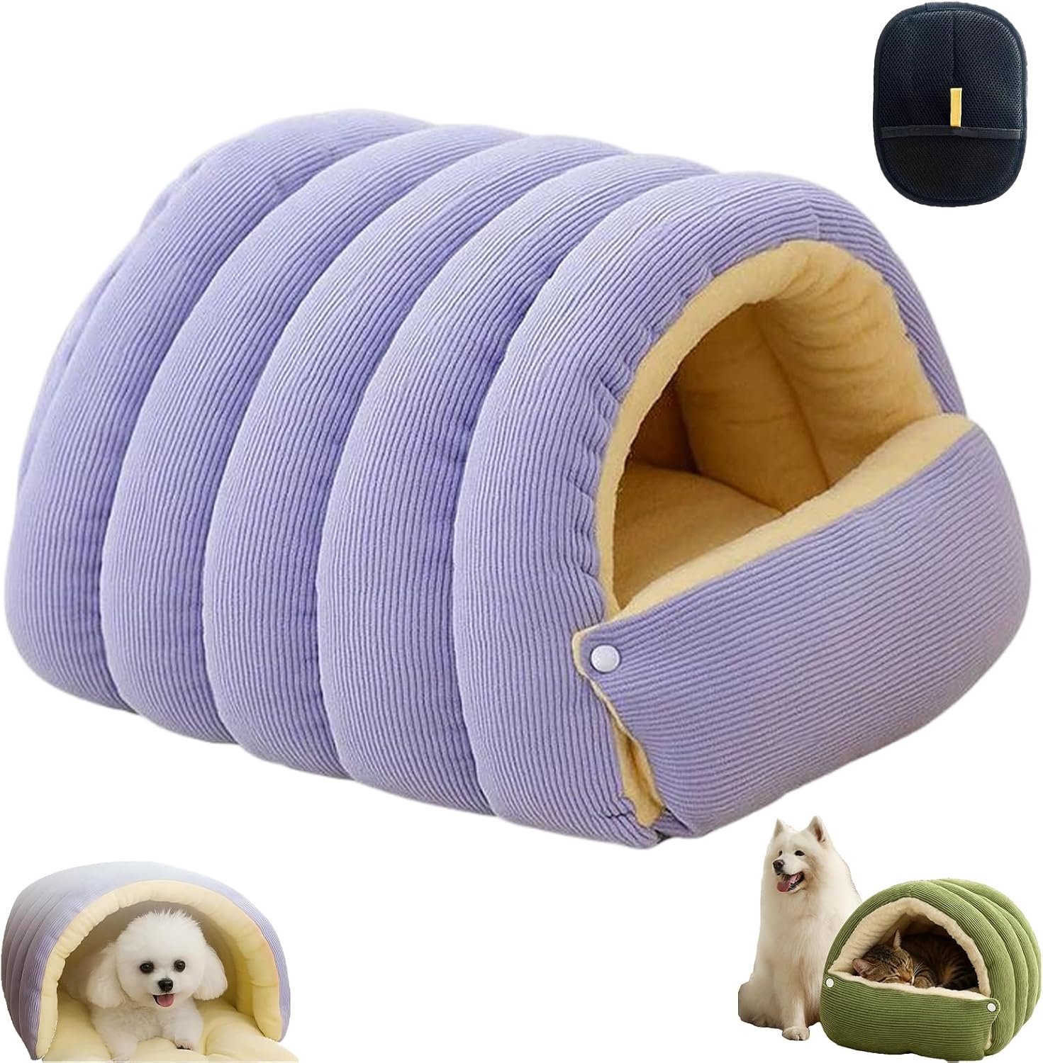Knus 'Cocoon'-huisdierbed en kattenhol – Zacht bed met kap en antislipbodem, wasbaar, rustgevend voor binnenkatten en kleine honden (paars, maat L)