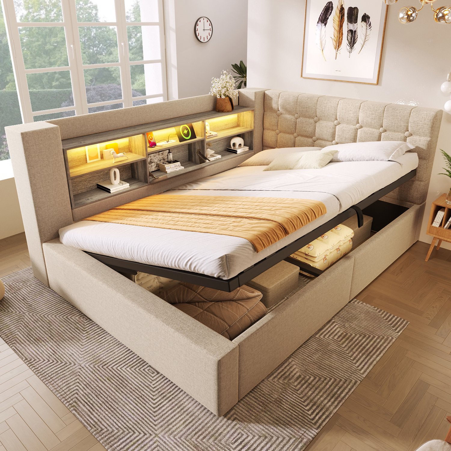 intebiki Gestoffeerd tweepersoonsbed van 140x200 cm met ledverlichting - hydraulische opbergruimte - L-vormig hoofdeinde met opbergruimte - aan beide zijden te monteren - lattenbodem - linnen stof - beige (exclusief matras)