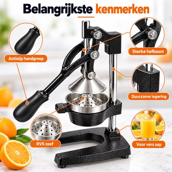Handmatige Citruspers met Hendel – Professionele Sinaasappelpers – Granaatappelpers en Citroenpers – RVS Zeef – Stevige Metalen Fruitpers – Antislip Handgreep – Zwart/Zilver — afbeelding 4