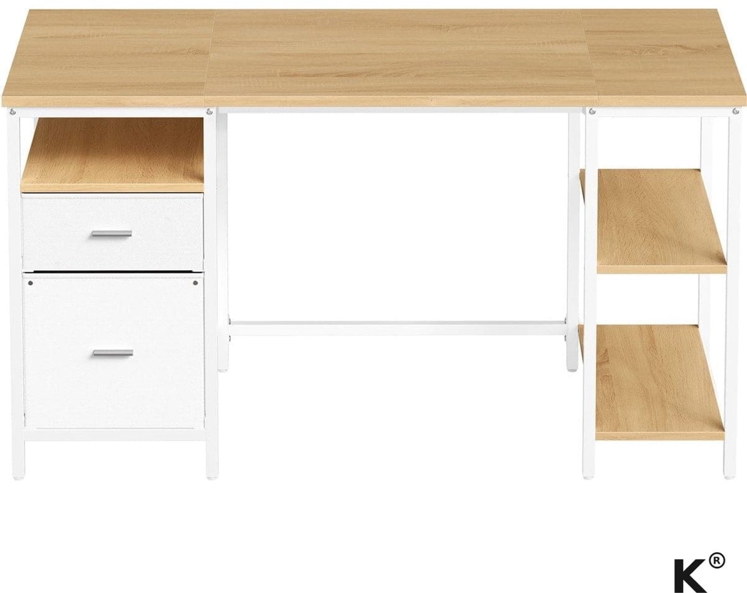 Klarven Bureau Eiken-wit - Bureau met Lades - Bureautafel - Desk - 3 Lades en 2 Legplanken - Montage Links of Rechts - 140x60x76 cm