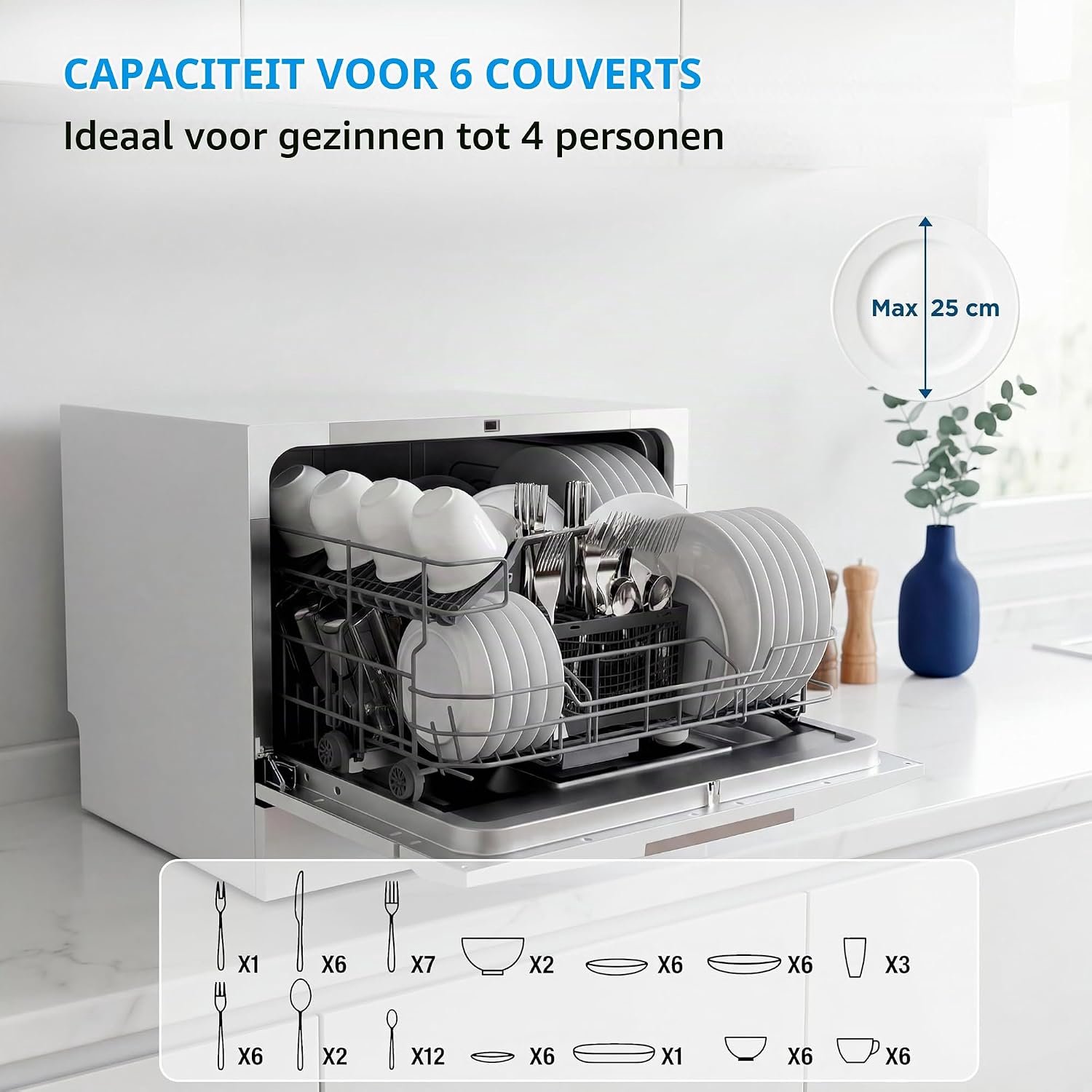 Vrijstaande Compacte Tafelvaatwasser met App-Bediening, 6 Couverts Capaciteit, 6 Wasprogramma's, Antibacterieel Filter & Extra-Dry Functie – 49 dB Stille Vrijstaande