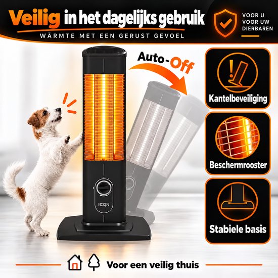 Zwarte ICQN kachel met kantelbeveiliging en beschermrooster, veilig voor huisdieren.