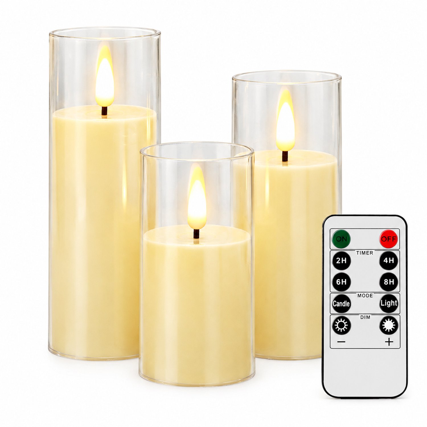 SWGOTA led kaarsen, set van 3 met afstandsbediening, ivoorkleurig, 5,5 x 10/12,5/15 cm, warm licht en transparante cilindervormige kap