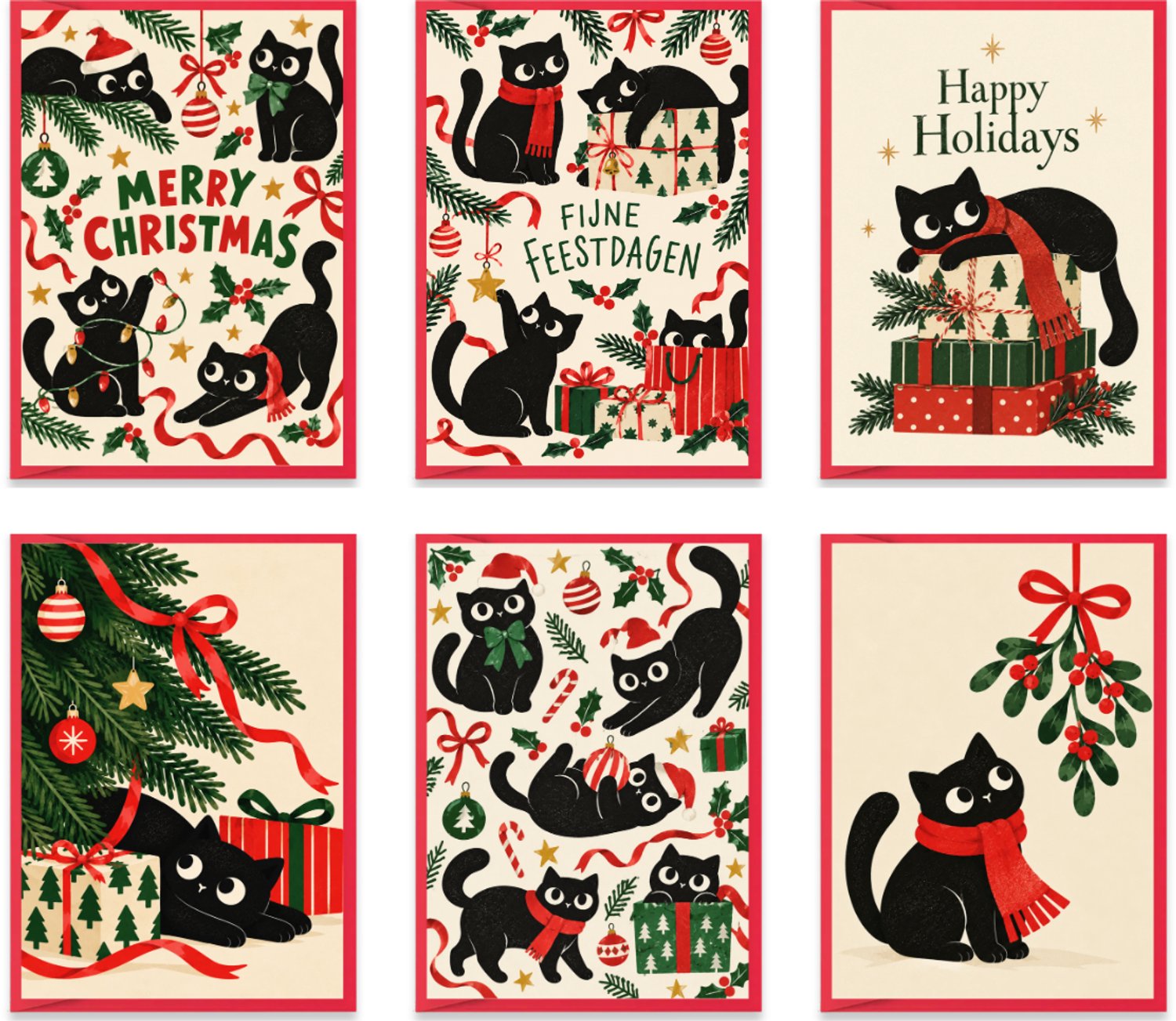 Set van 6 Kerstkaarten en Nieuwjaarskaarten – 10 x 15 cm – Met enveloppen – Enkelzijdig bedrukt – Zwarte Katten en Kerstillustraties